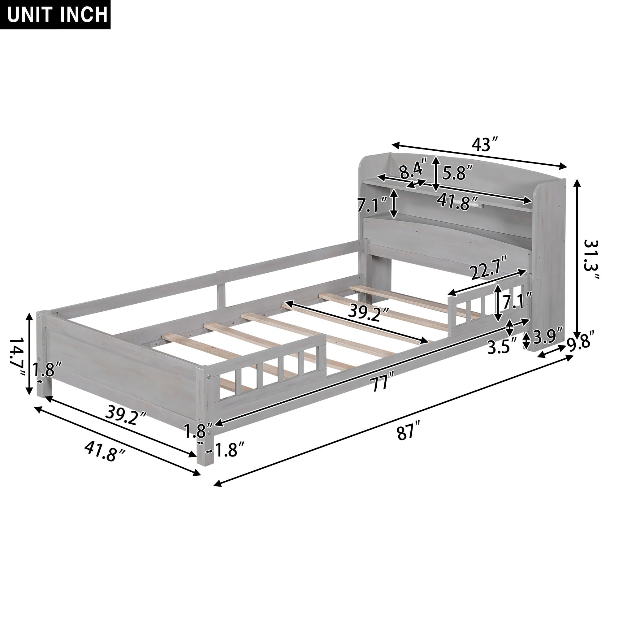 Bellemave Solid Wood Twin Bed Frame for Kids with Headboard, Footboard, Built-in LED Lights & Storage | Sturdy Gray Wooden Bed with Safety Guardrail | Perfect for Bedrooms, Daycare & Sleepovers