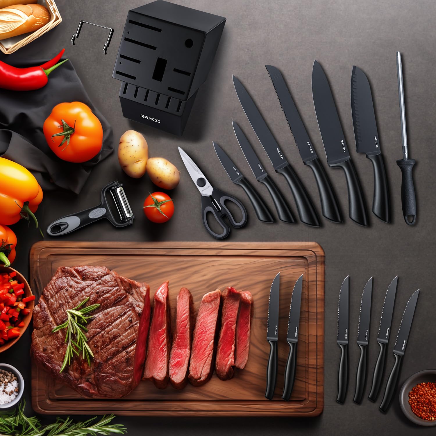 RAXCO 17-in-1 Premium Kitchen Knife Set with Wooden Block - Dishwasher Safe Stainless Steel Knives for Chopping, Slicing & Dicing - Perfect for Home Chefs & Cooking Enthusiasts