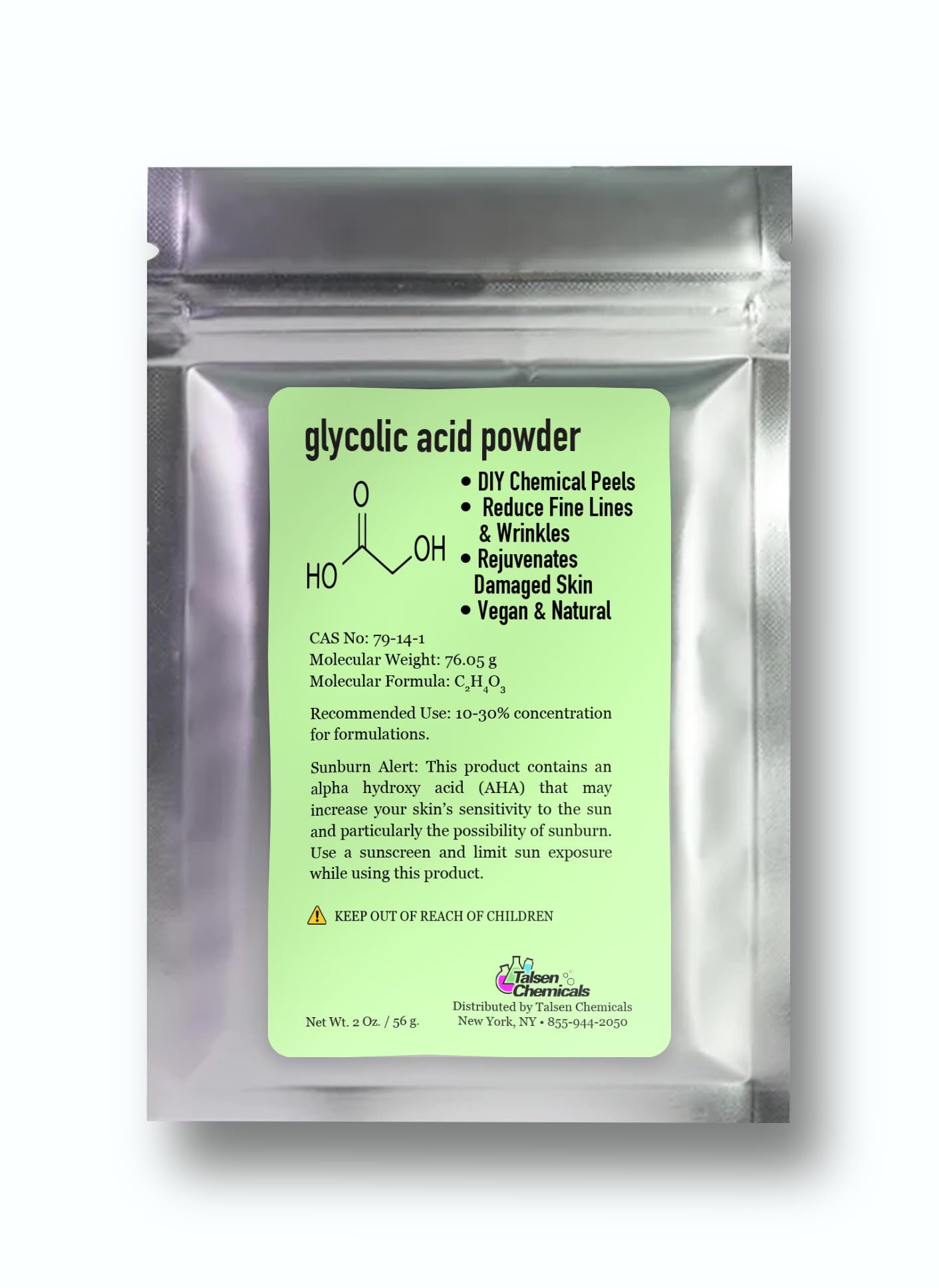 99% Pure Glycolic Acid Powder (2 Oz/56g) for DIY Skincare - Glycolic Crystal for Peels, Lotions & Serums by Talsen Chemicals | At-Home Chemical Exfoliation & Skin Renewal