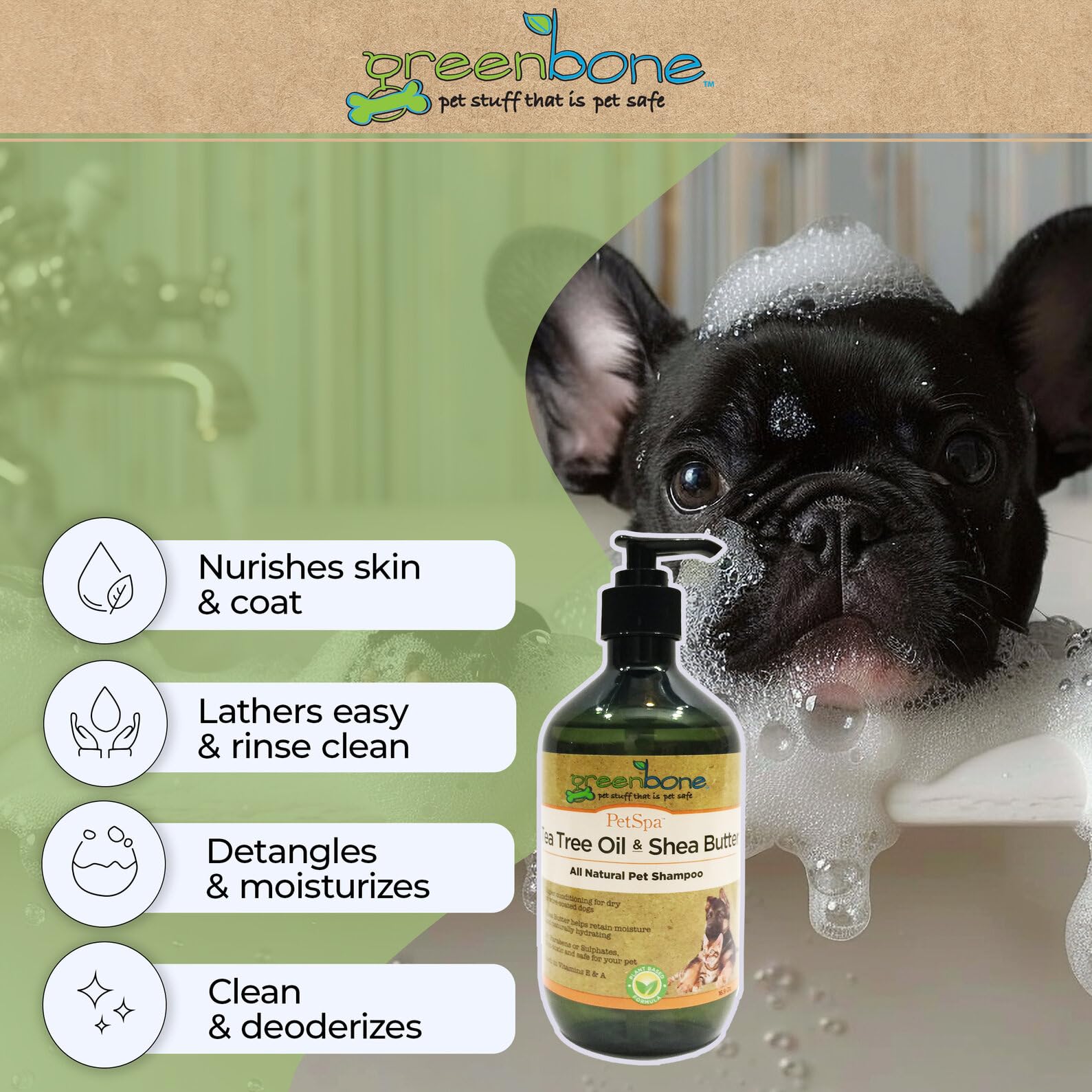 Natural Pet Shampoo with Tea Tree Oil & Shea Butter - All-Plant Formula for Deodorizing & Hydrating - Gentle Dog & Cat Bath for Itchy Skin & Odor Control - Perfect for Home Pet Grooming & Spa Days