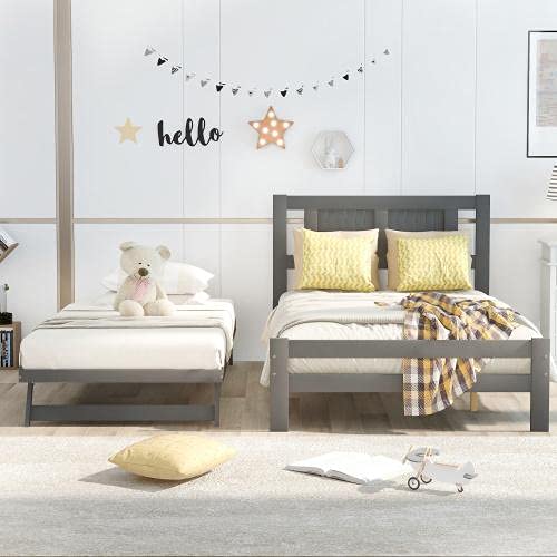 Full Size Platform Bed Frame with Adjustable Trundle - Solid Wood Extendable Bed for Adults, Kids & Teens - Gray Modern Bedroom Furniture for Small Spaces & Guest Rooms