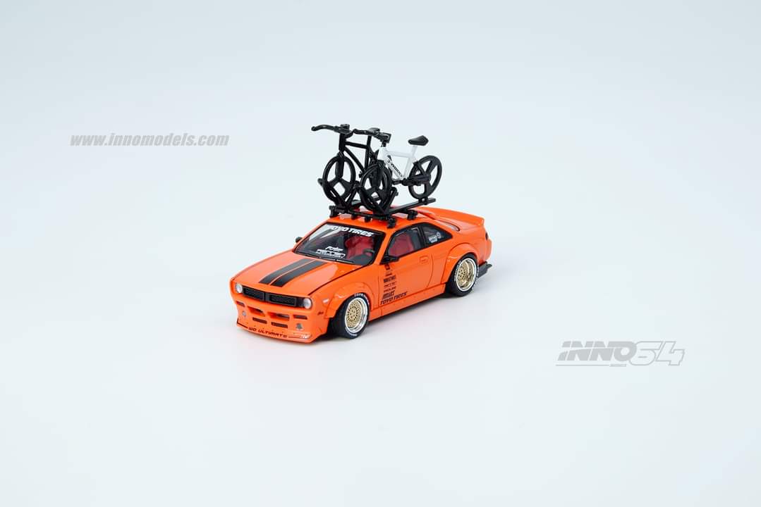 INNO Models 1:64 Scale Nissan Silvia S14 Rocket Bunny Boss Aero Diecast Car with Roof Rack & Bikes - Collectible Miniature Model for Display, Racing Enthusiasts, and Car Show Scenes