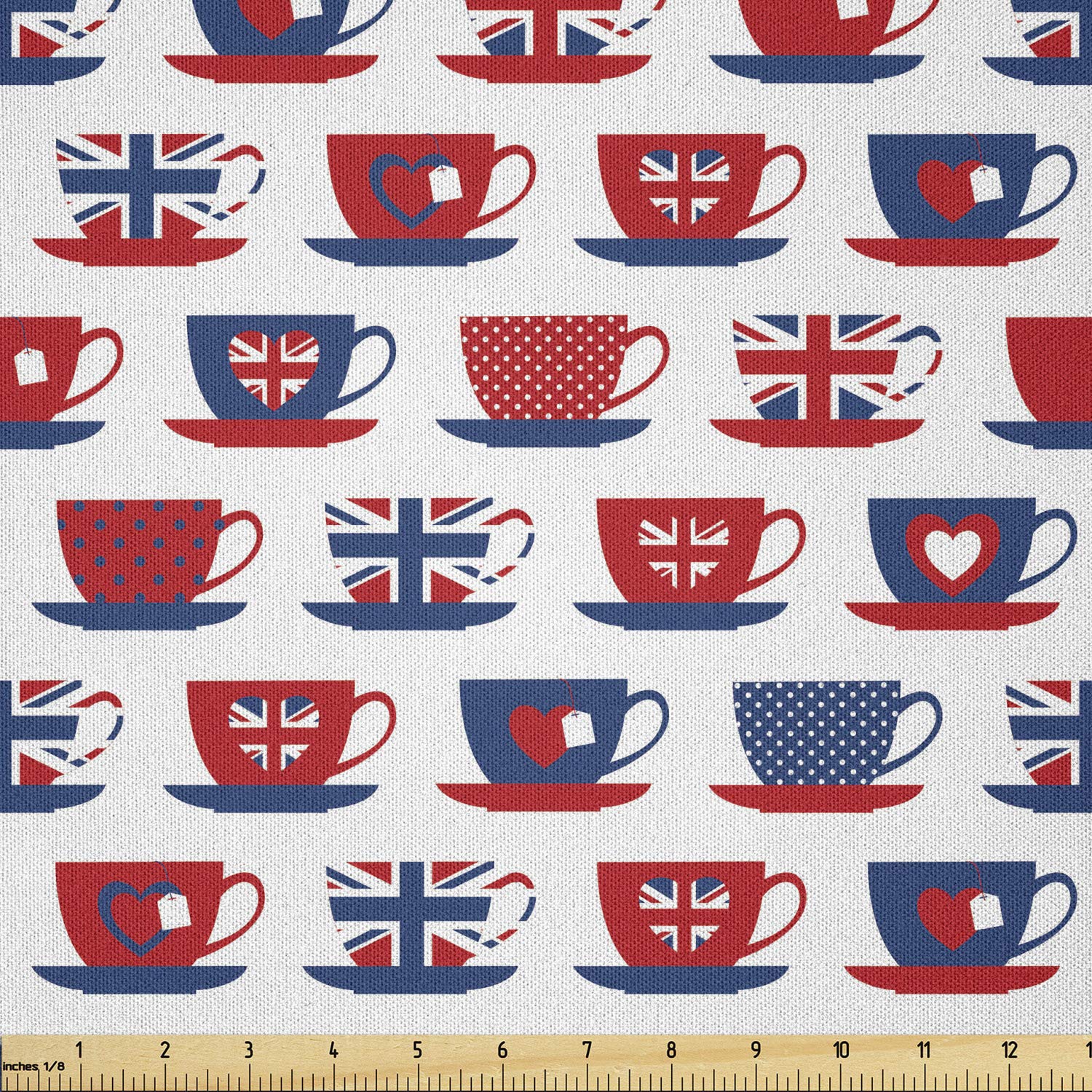 Ambesonne Tea Party Fabric by The Yard - British Themed Teacup Union Jack Hearts Flags Pattern - Soft Microfiber Material for DIY Arts & Crafts, Home Decor, Upholstery (10 Yards, Night Blue) - Perfect for Tea-Themed Parties, Table Runners, and Vintage-Inspired Sewing Projects