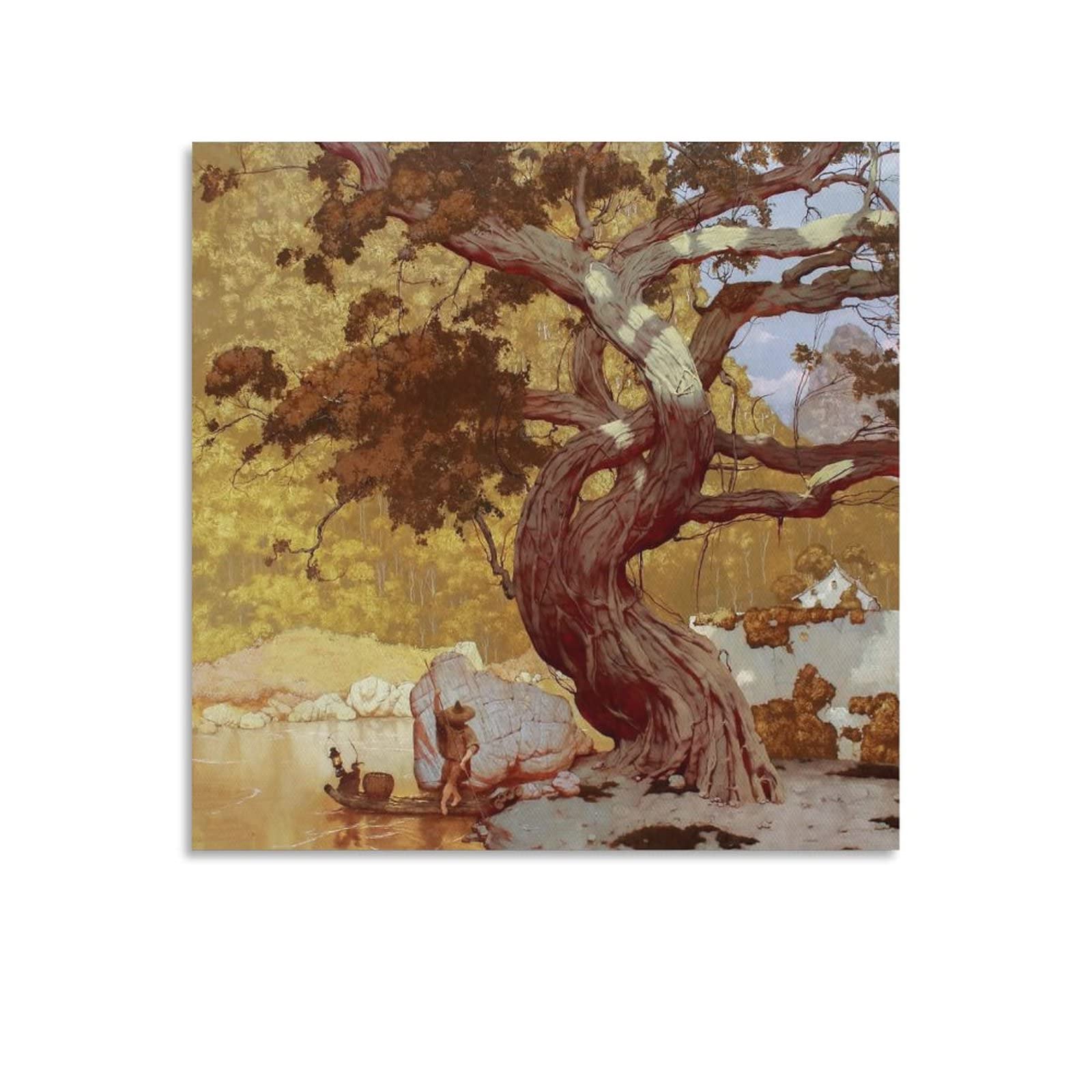 Vintage Boat Under Dry Tree Oil Painting Canvas Wall Art - 24x24 Inch (60x60cm) Unframed Poster Print for Living Room, Bedroom, Office & Home Decor | Perfect for Coastal, Nautical or Rustic Interior Design