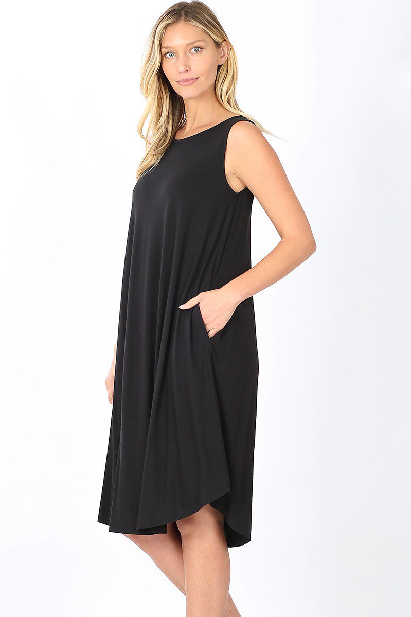 Knee Length Tank Dress with Pockets - Women's Casual Summer Sleeveless Dress for Beach, Vacation, and Everyday Wear