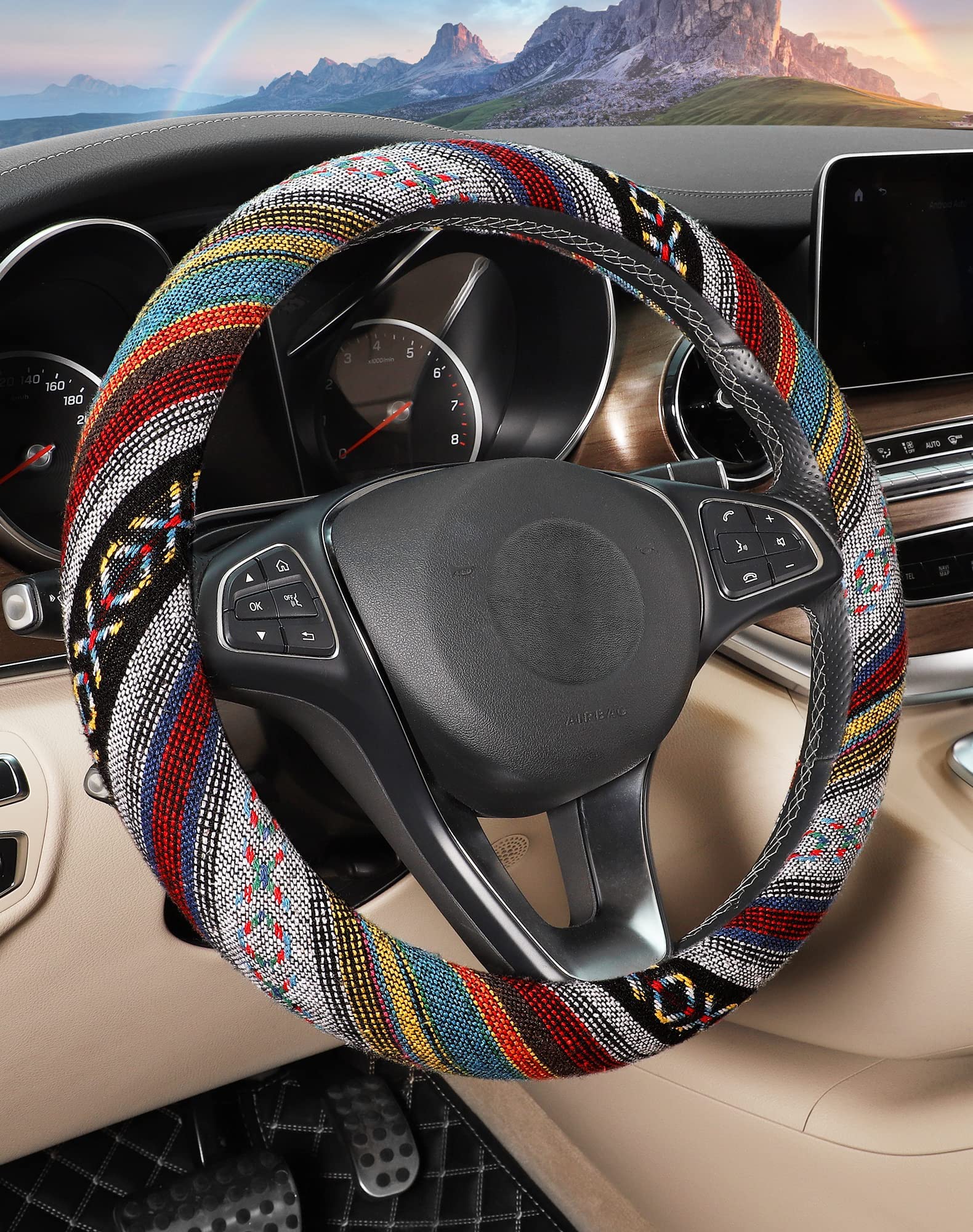 Boho Steering Wheel Cover - Ethnic Style Coarse Flax Car Wheel Cover with Baja Blanket Cloth, Fits 14.5-15.25 Inch Steering Wheels - Perfect for Vintage Cars, SUVs & Road Trips