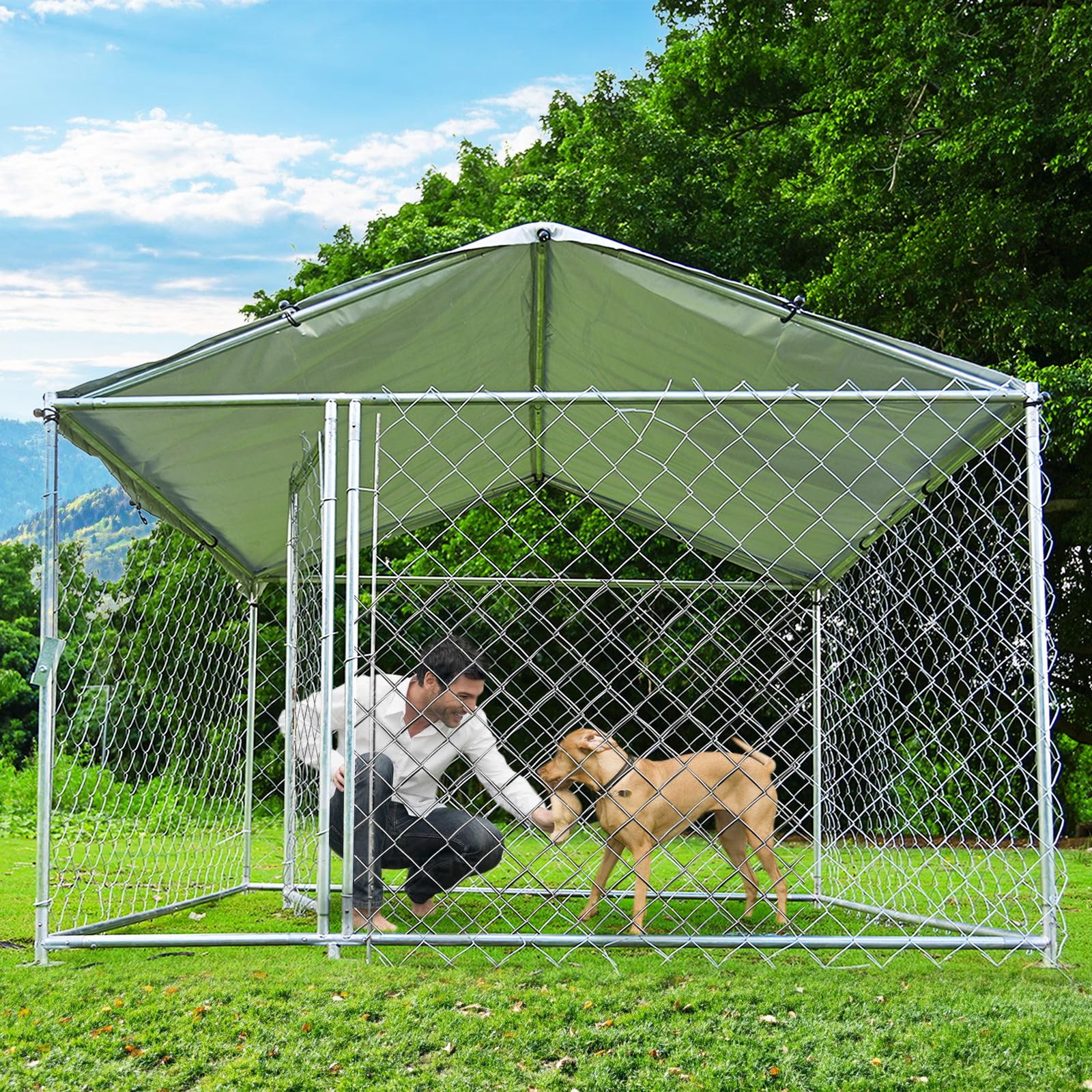6.7 ft x 6.7 ft Heavy Duty Large Outdoor Dog Kennel - Galvanized Steel Dog Cage with Waterproof UV-Resistant Roof & Secure Lock - Durable Dog Playpen for Backyard, Garden & Patio Use