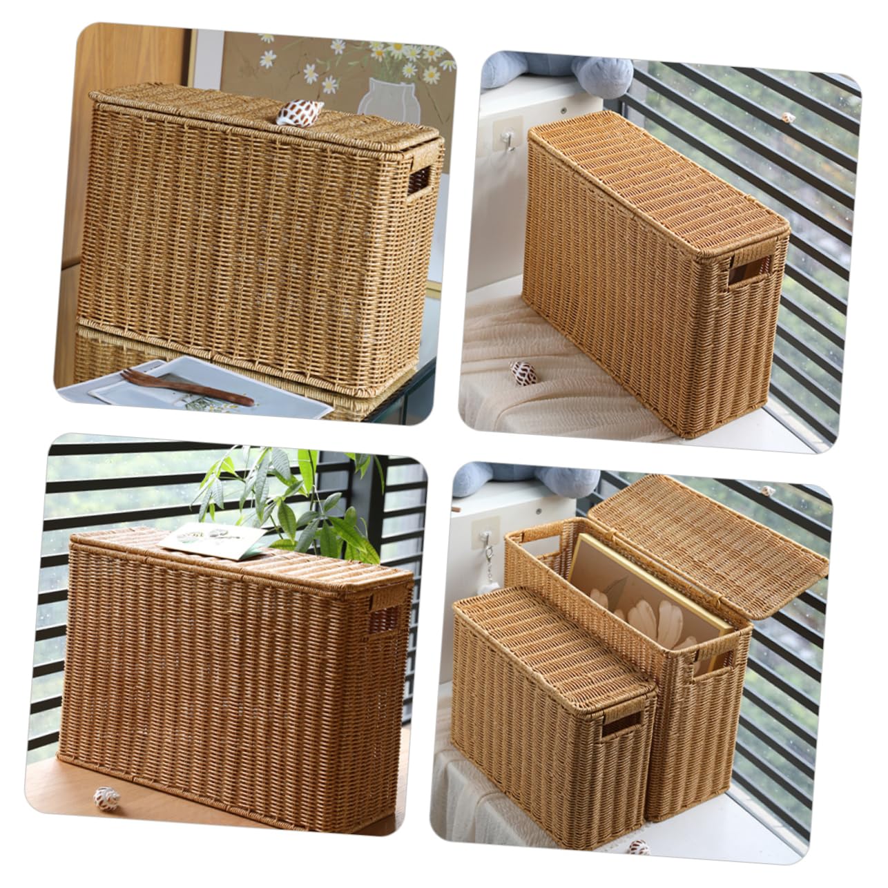 Narrow Tall Storage Bin with Lid - Woven Rattan Magazine Basket for Home Office Organization | Perfect for Books, Files, and Office Supplies