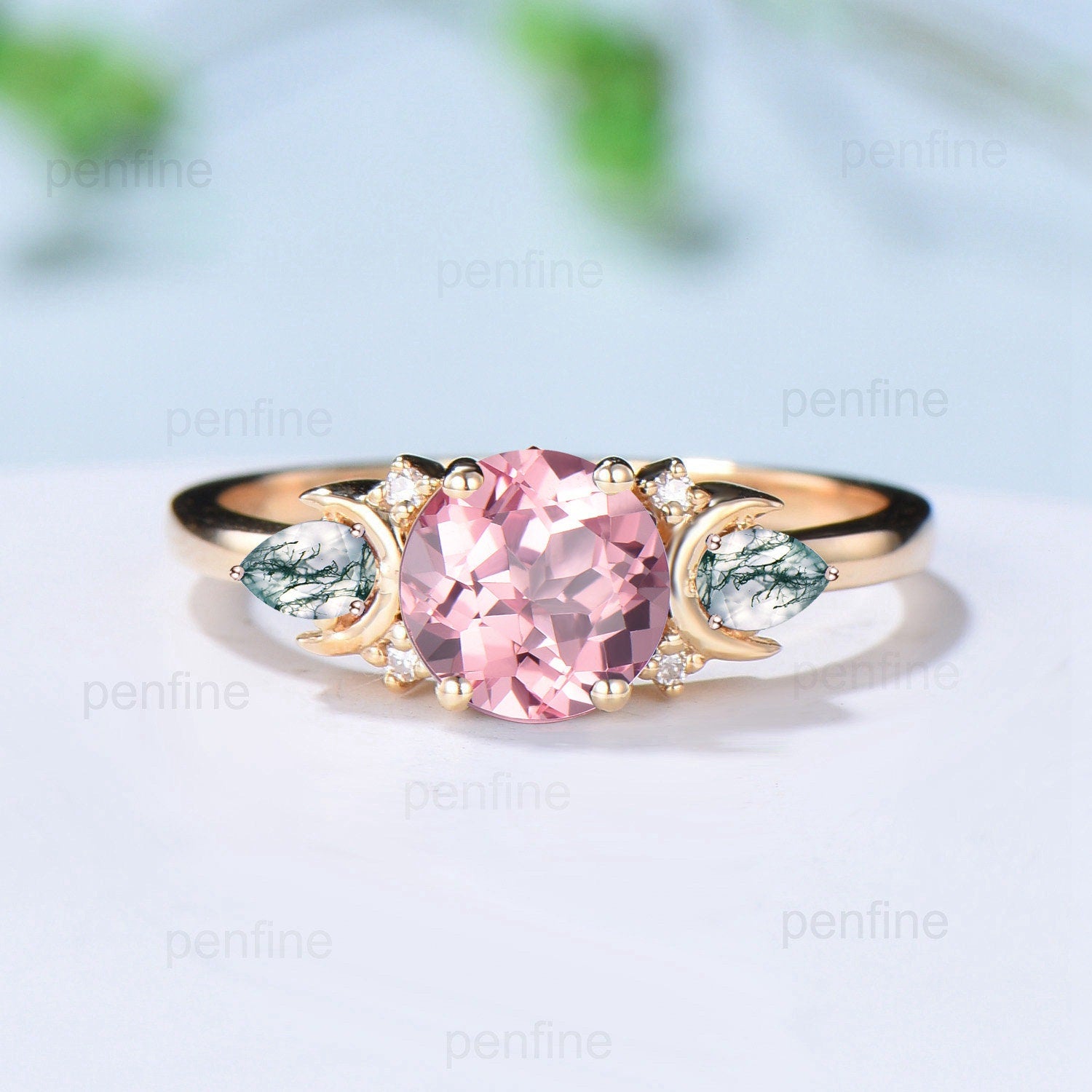 1Ct Round Papalacha Sapphire Engagement Ring Set - Vintage Pear Marquise Moss Agate Wedding Rings in Yellow Gold - Stackable Matching Bridal Jewelry Set for Proposals, Anniversaries & Special Occasions