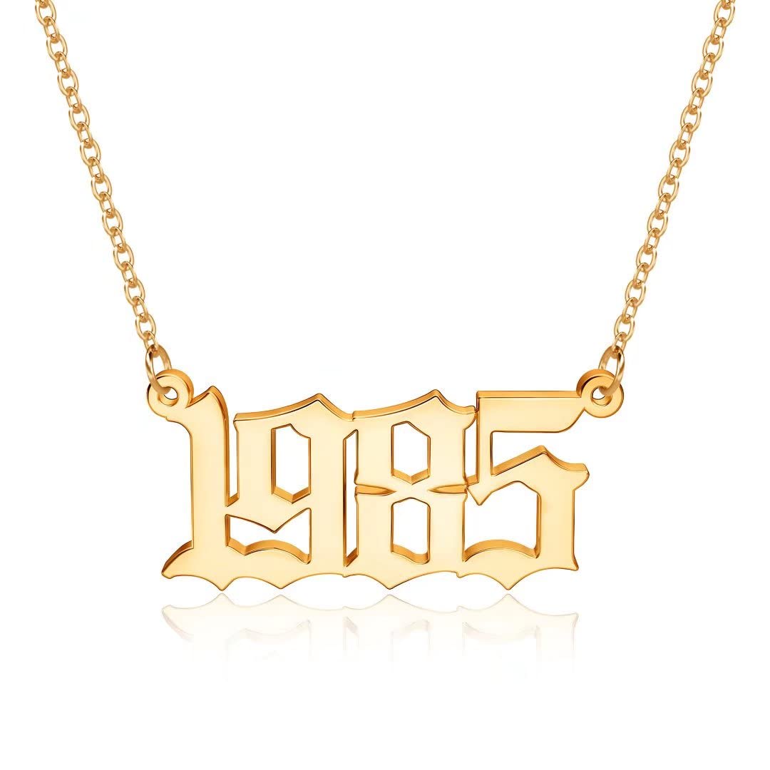 18K Gold Plated Old English Birth Year Necklace for Women - Personalized Jewelry Gift for Birthday, Anniversary (1970-2021) | Elegant Pendant for Everyday Wear, Special Occasions & Meaningful Gifting