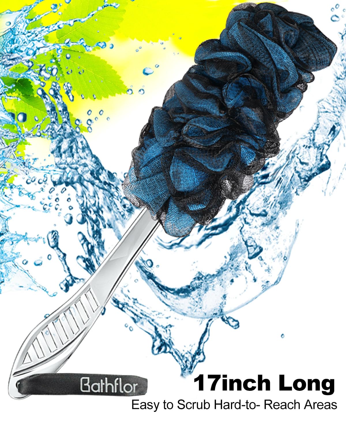 Charcoal Exfoliating Loofah Sponge for Women & Men - 80g Soft Luffa Poufs with Long Handle Back Brush (4 Pack + Hook) - Deep Cleansing Body Scrubber for Shower, Bath & Spa - Ideal for Exfoliation, Dead Skin Removal & Relaxation