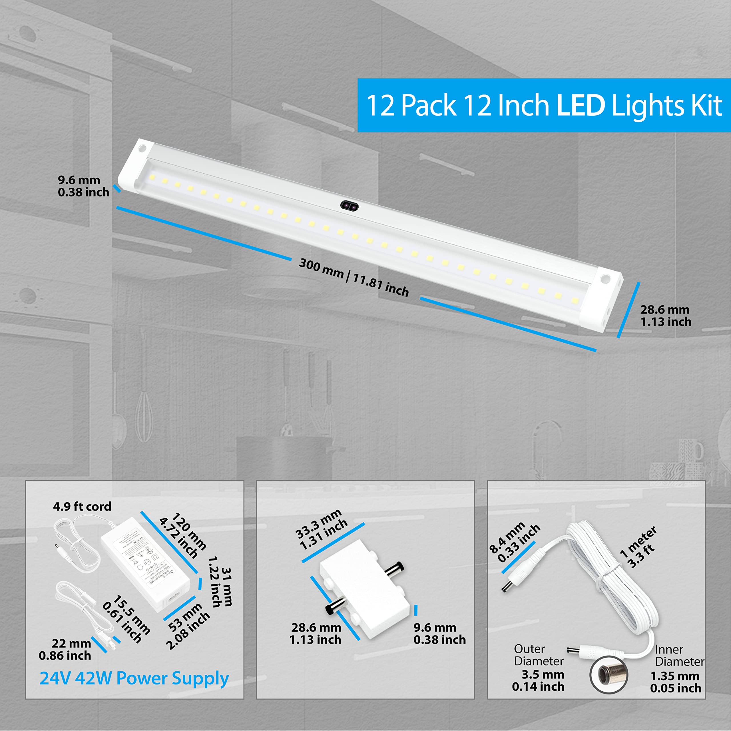 EShine 12-Pack Under Cabinet LED Lights - 12 Inch Hand Wave Activated, Dimmable Touchless Control - Cool White 6000K Kitchen Lighting for Countertops, Pantry, Office Desk & Garage Workspaces