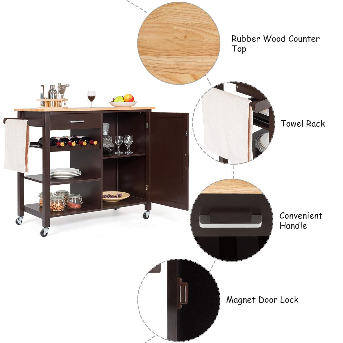 Giantex Kitchen Island Cart with Drawer & Storage Cabinet - Rolling Serving Cart with 4 Wine Bottle Rack, Towel Rack & Lockable Wheels - Wooden Trolley for Kitchen, Dining Room & Bar (Brown)