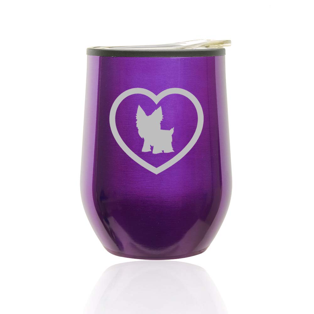 Stemless Wine Glass Tumbler with Lid - 16oz Insulated Coffee Travel Mug for Hot & Cold Drinks, Durable Glass Cup with Yorkie Heart Design (Royal Purple) - Perfect for Home, Office, Picnics & Gifts