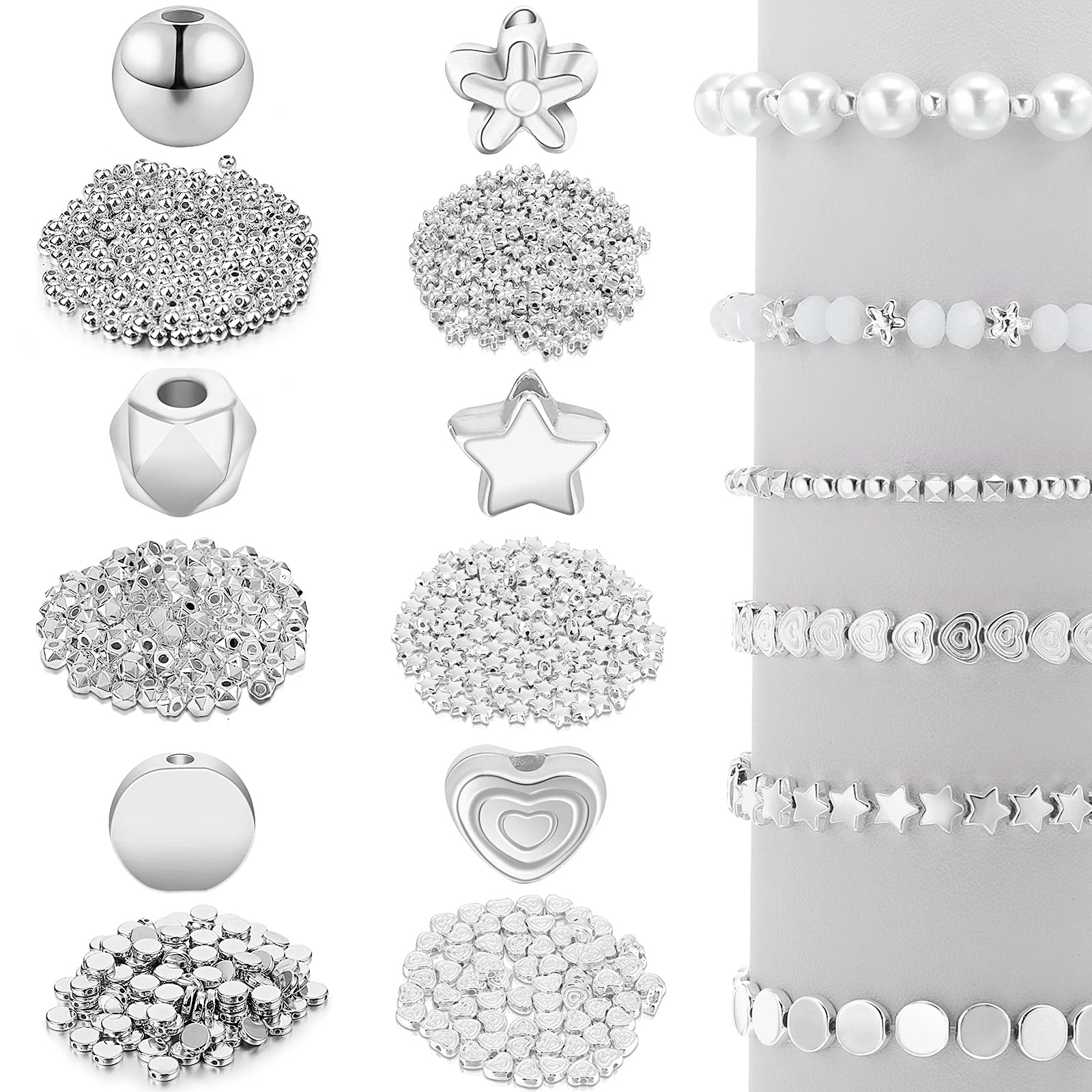 Hicarer 1200-Piece Spacer Beads Set - Star, Round Ball, Rondelle, Faceted, Heart, Flower & Flat Disc Loose Beads for Jewelry Making - DIY Bracelet Charms & Necklace Crafting (White Gold) - Perfect for Handmade Gifts & Beading Projects