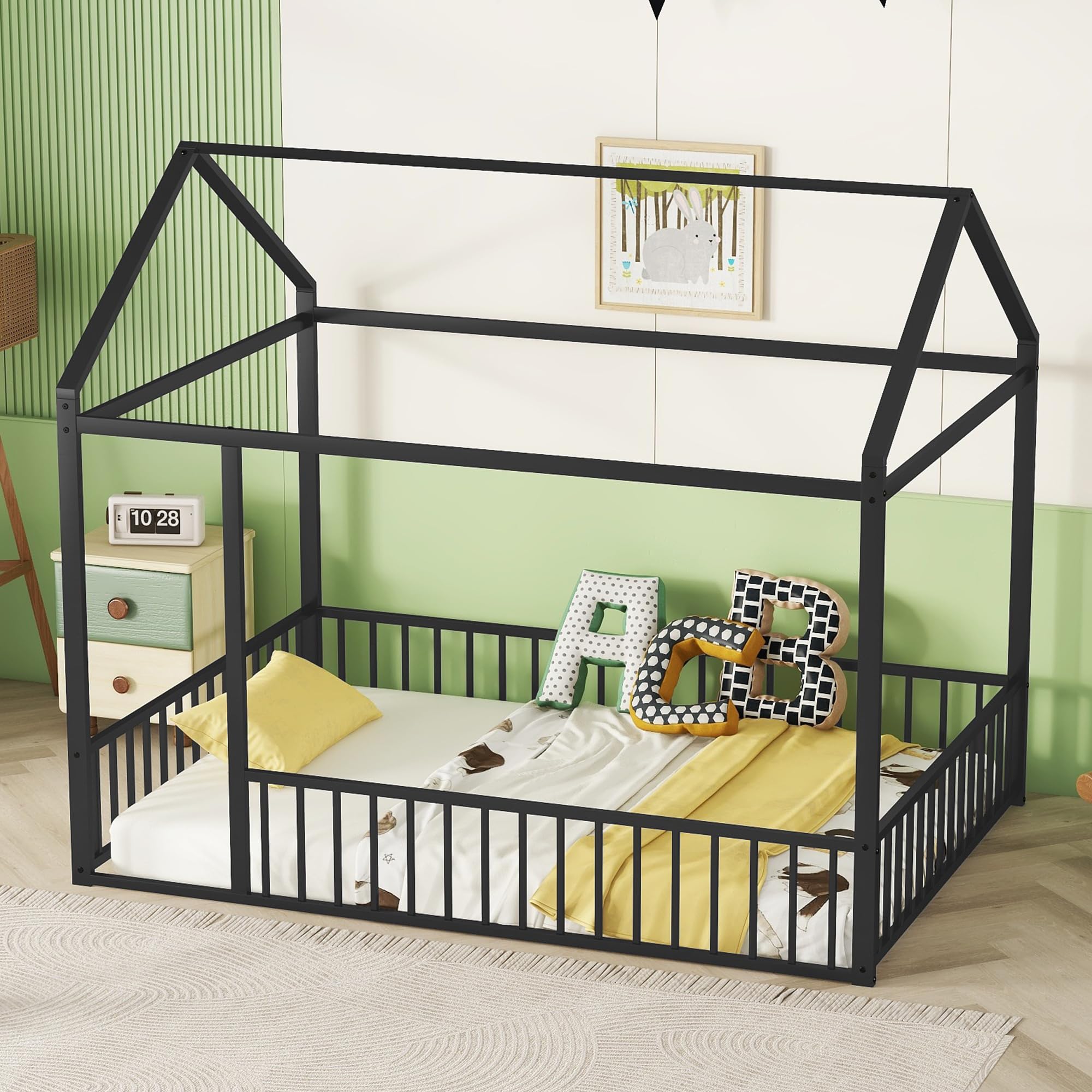 Montessori Floor Bed for Kids - Full Size Metal House Bed Frame with Safety Fence, Black Playhouse Toddler Bed for Boys & Girls - Perfect for Montessori Bedrooms, Playrooms & Safe Sleep Spaces