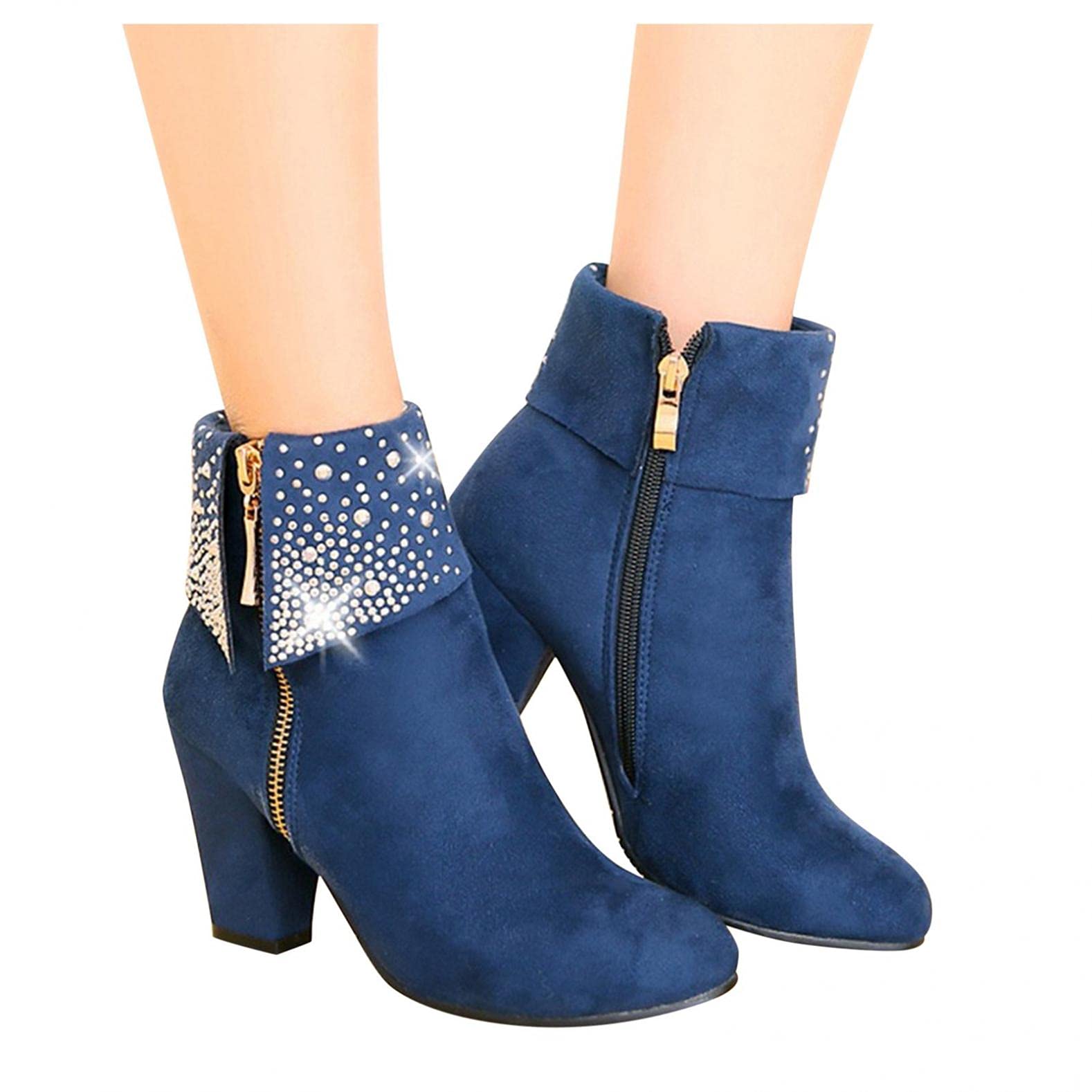 Women's Fashion Glitter Rhinestone Round Toe Chunky Kitten Heel Ankle Boots - Side Zip Suede Dressy Mid Calf Booties for Wedding, Party & Special Occasions | Perfect for Brides, Prom & Evening Events