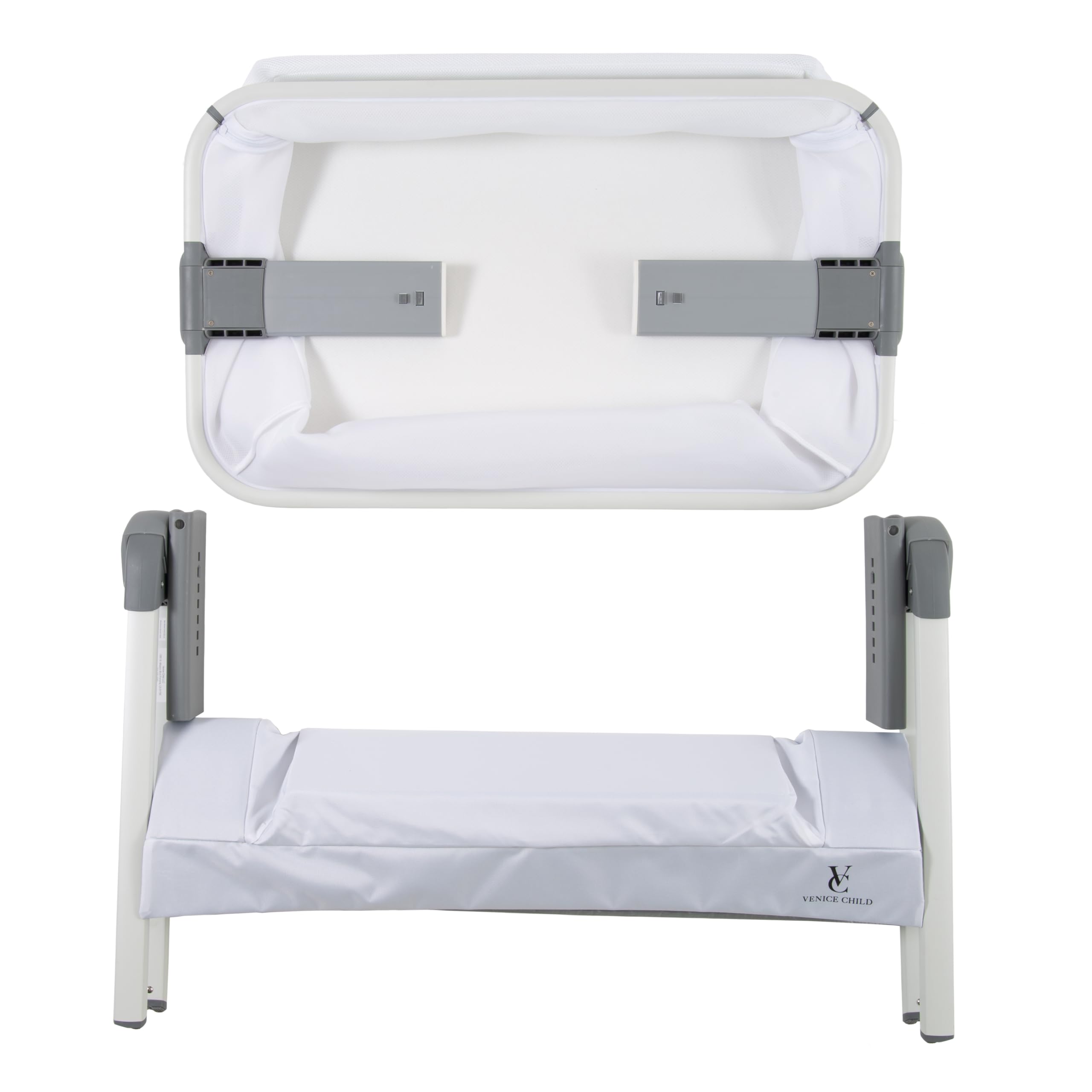 Venice Child California Dreaming Bedside Crib Bassinet with Travel Case - Adjustable Height, Removable Bamboo Mattress & Sheet, Easy to Clean (White) | Perfect for Nursery, Co-Sleeping & Travel