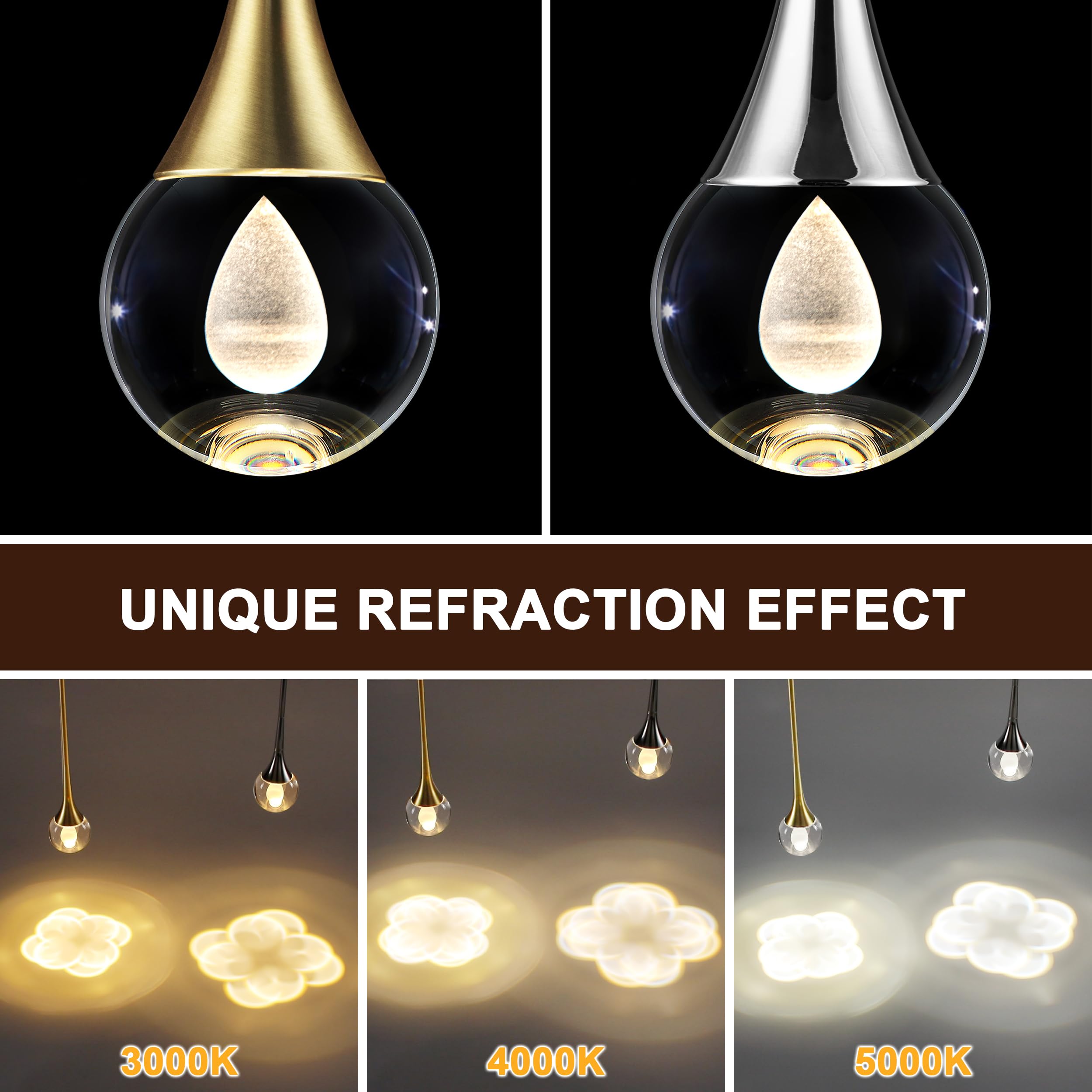 Modern Gold Teardrop Crystal Pendant Light - 8W Dimmable LED Mini Globe Fixture with 3 Color Temperatures for Kitchen Island, Bathroom & Bedroom | Elegant Lighting for Dining Rooms, Hallways and Entryways