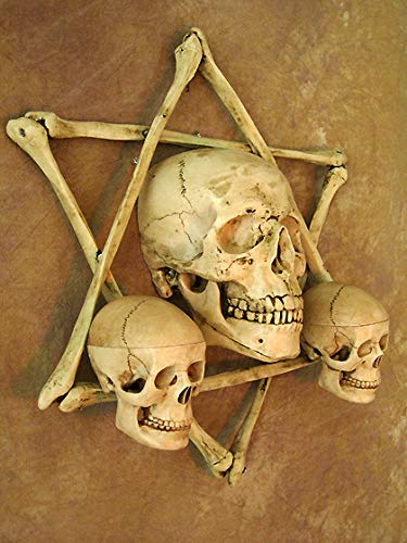 Hexagram Bone Frame Wall Sconce with Life-Size Skull & Two Mini Skulls - Gothic Home Decor for Halloween, Haunted House & Dark Aesthetic Interiors