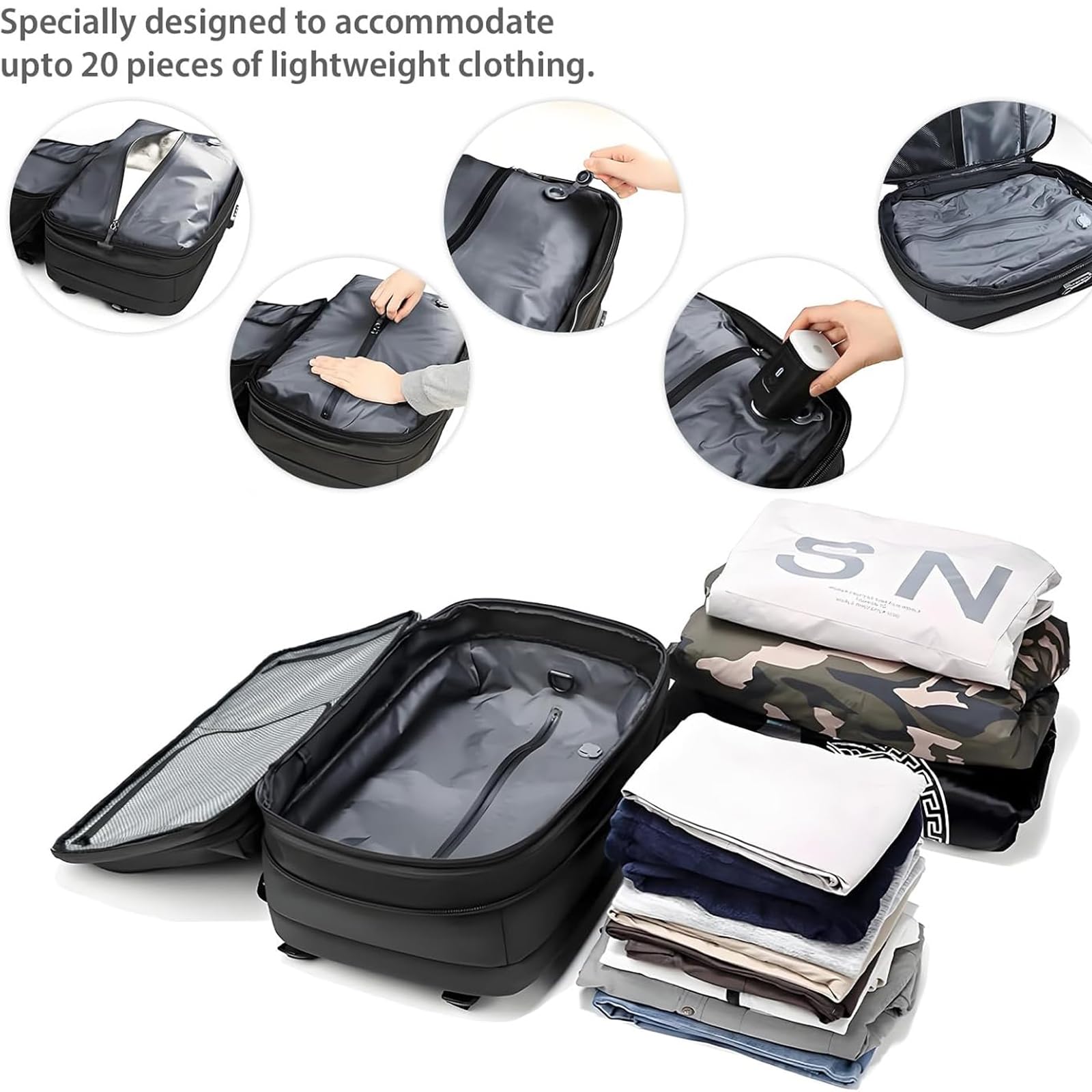 60L Expandable Waterproof Travel Backpack with Wheels & Air Vacuum Compression - TSA Approved Carry On Luggage for Men, 17 Inch Laptop Compartment (Includes Pump) - Perfect for Air Travel, Camping & Business Trips
