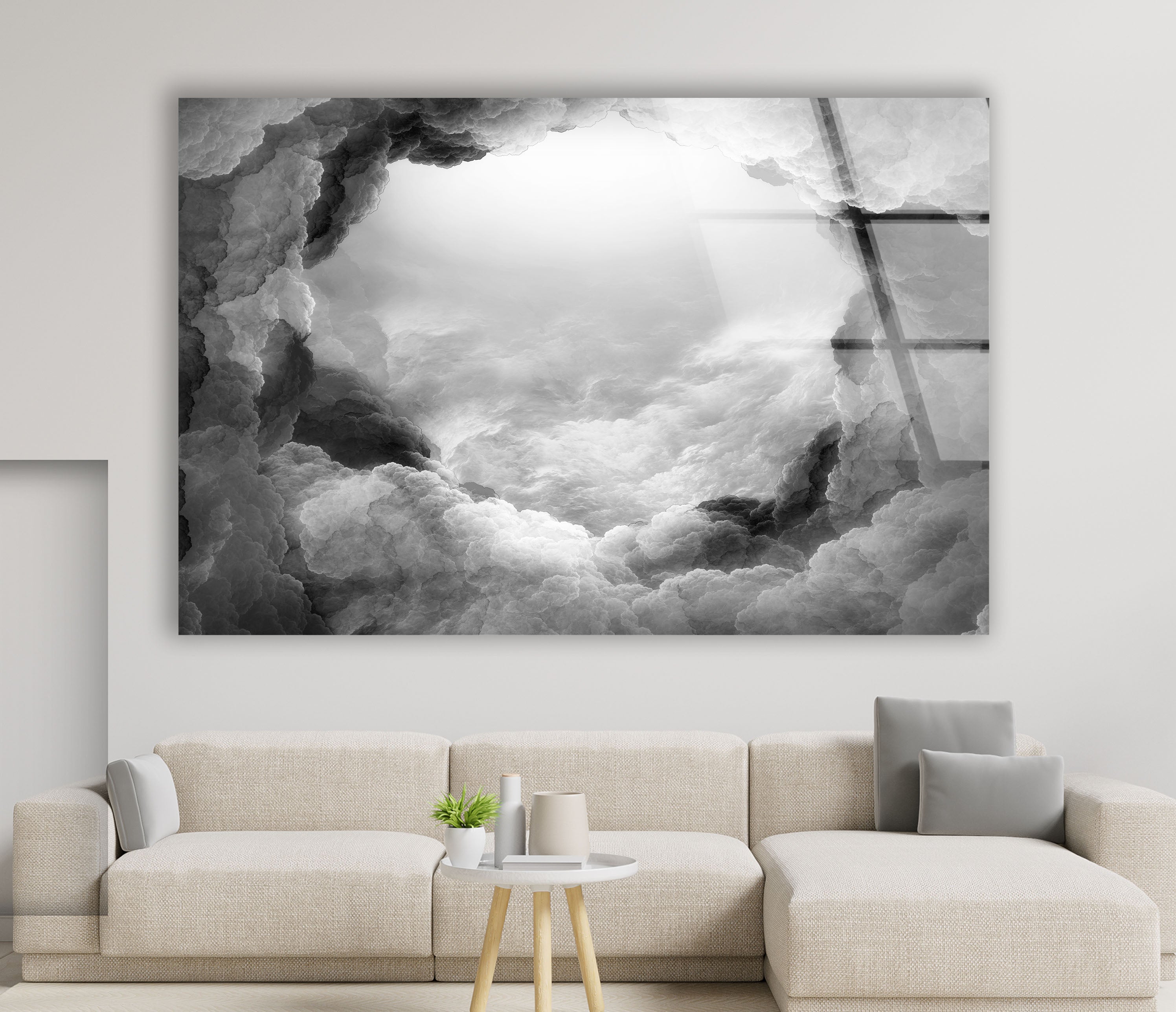 Black and White Cloud Wall Art - Dreamy Abstract Glass Print Decor for Living Room, Bedroom & Office | Modern Home Decor & Unique Gift Idea