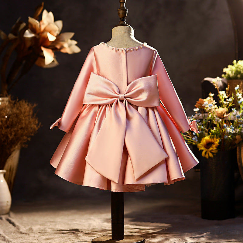 Pink Princess Tea Length Flower Girl Dress with Bows & Ruffles - Perfect for Weddings, Birthday Parties & Special Occasions
