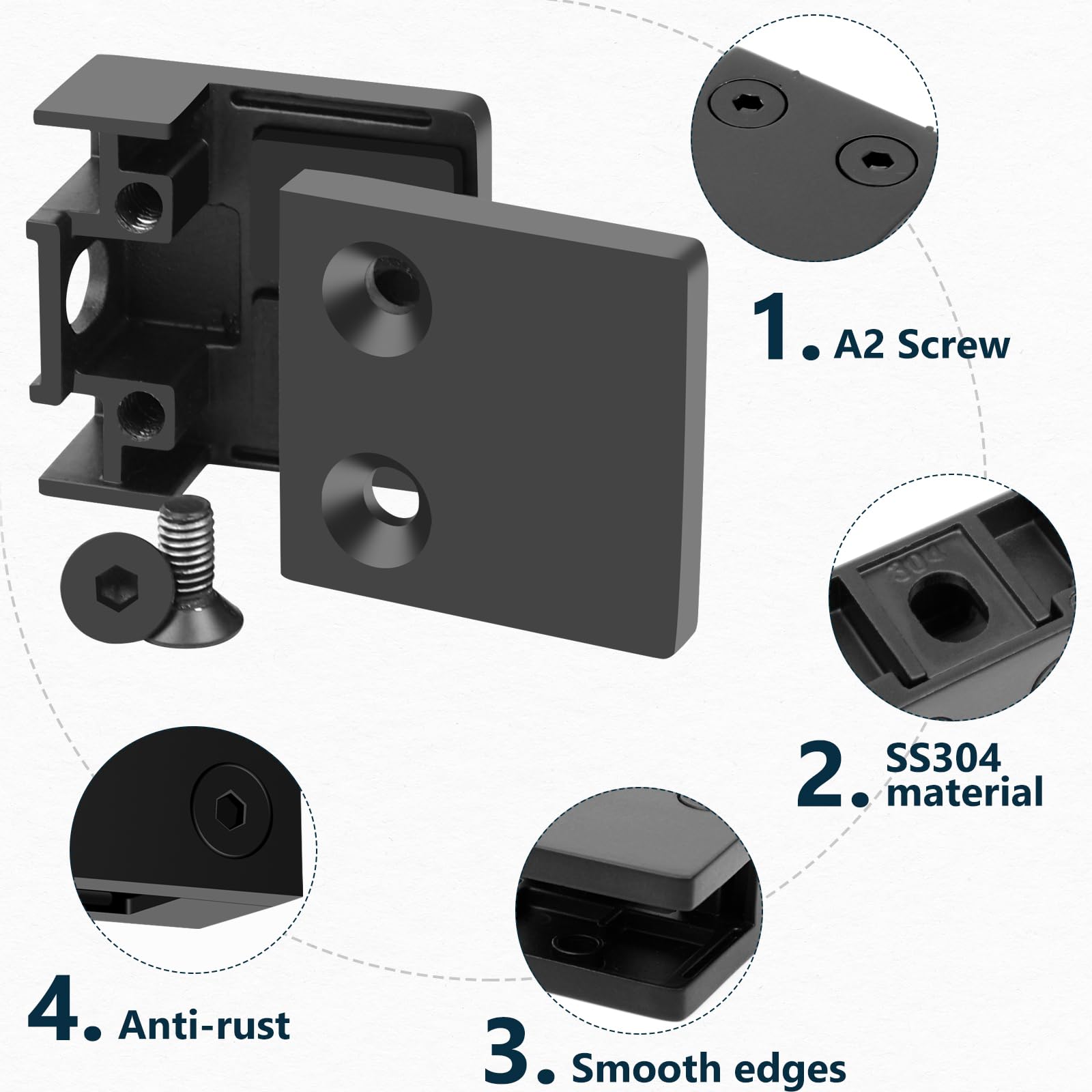 4 Pack Black Glass Clamp for Glass Balustrade - Stainless Steel 304 Square Flat Back Glass Brackets for Glass Railing - Heavy Duty 45x45mm Glass Bracket Fits 1/3