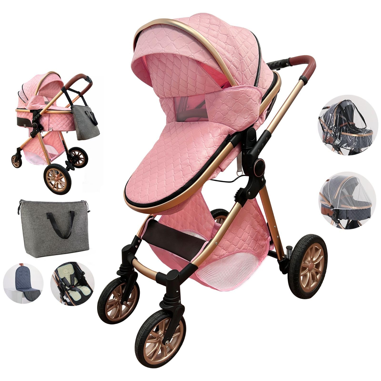 2 in 1 Compact Baby Stroller with Reversible Newborn Bassinet | One-Button Fold Lightweight Aluminum Frame Toddler Stroller | 3-Position Recline Adjustable Infant Pushchair (Pink) - Perfect for Travel, Shopping & Daily Walks with Your Baby