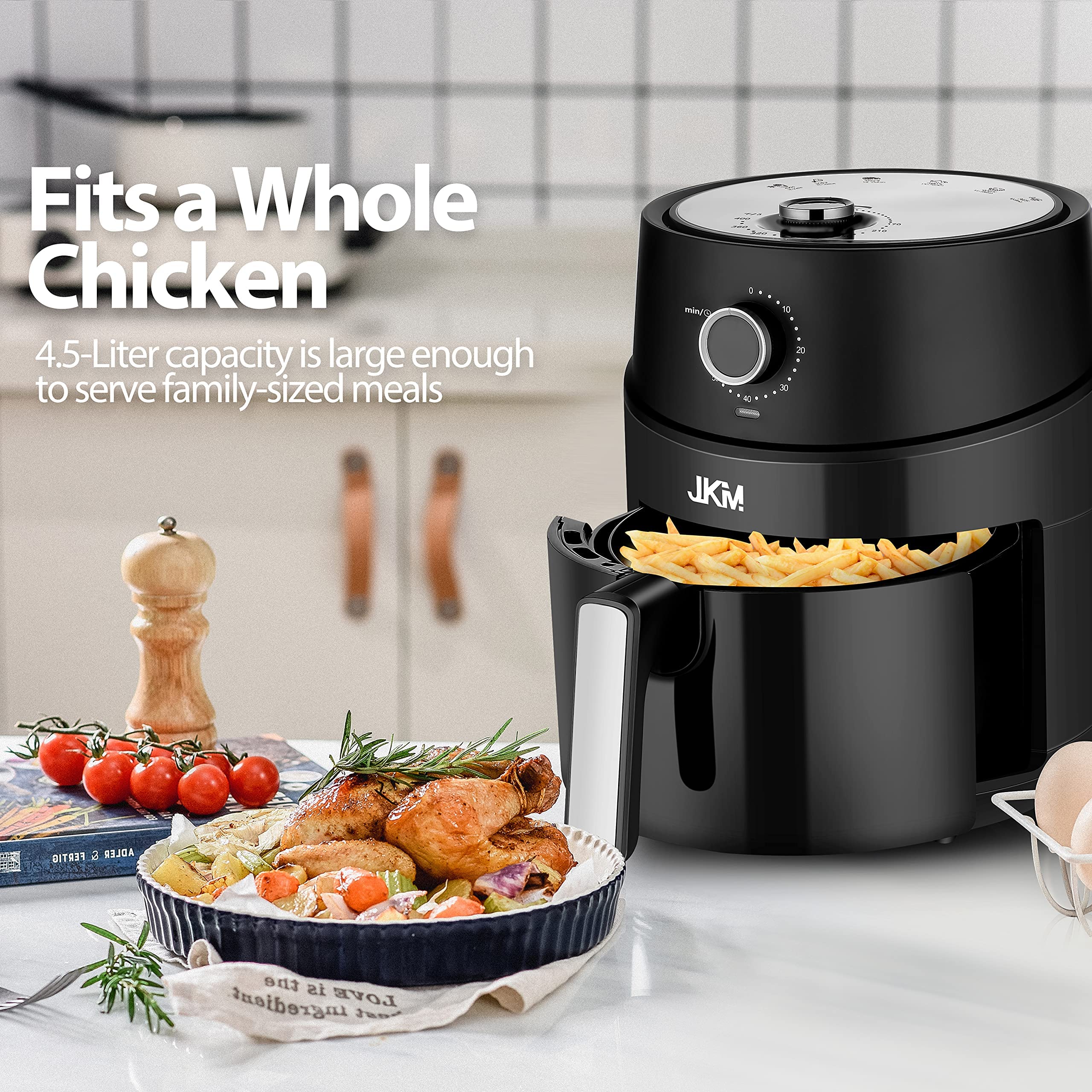 JKM 4.7 Quart Air Fryer - 1500W Mechanical Air Fryer Oven with Adjustable Temperature & Timer, Oil-Free Cooking, Auto Shut Off, Black - Perfect for Healthy Frying, Baking, Roasting for Family Meals & Parties