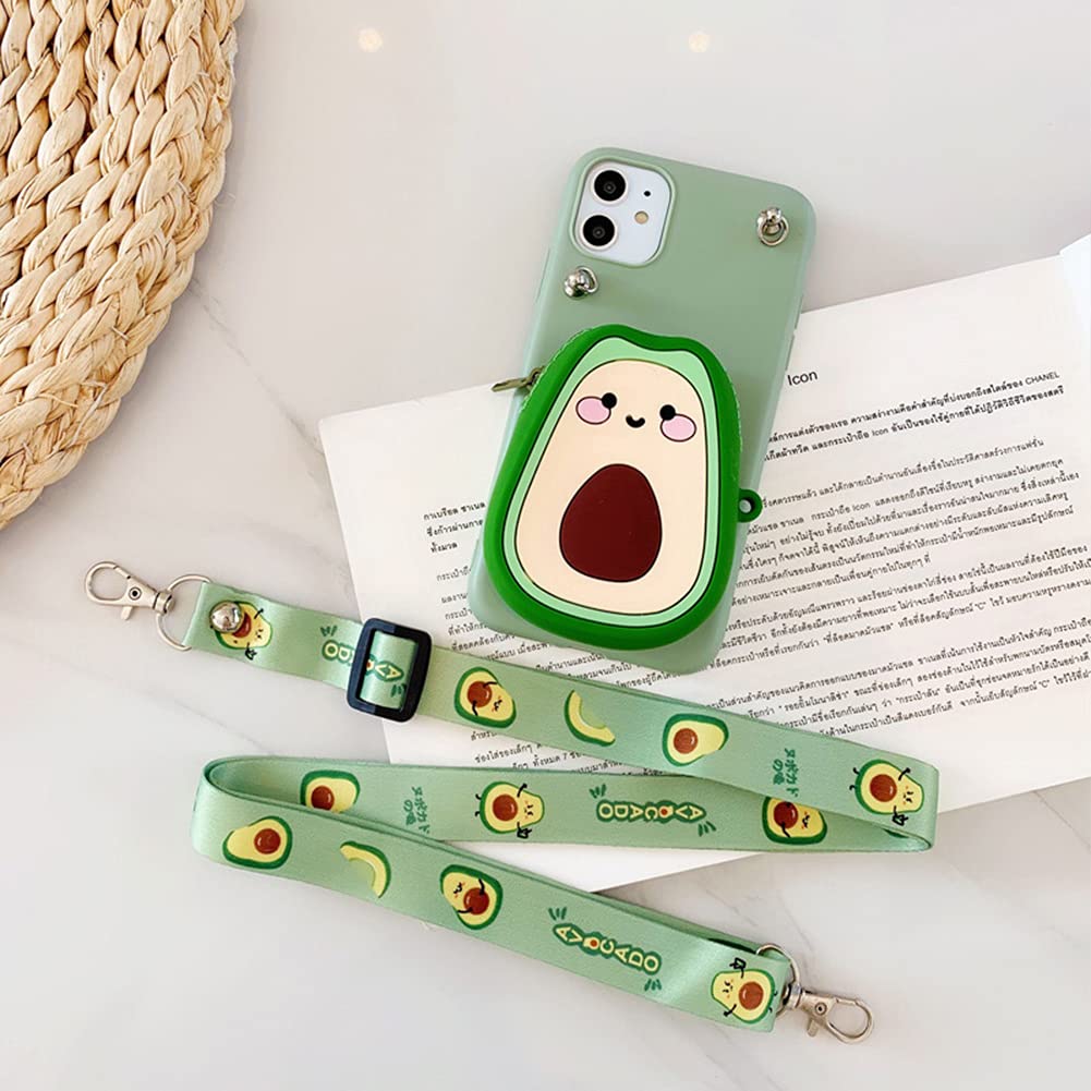 Samsung Galaxy S21 Plus Phone Case with Wallet & Card Holder - 3D Cute Avocado Design, Soft Silicone Shockproof Cover with Detachable Lanyard & Kickstand | Perfect for Shopping, Travel & Daily Use