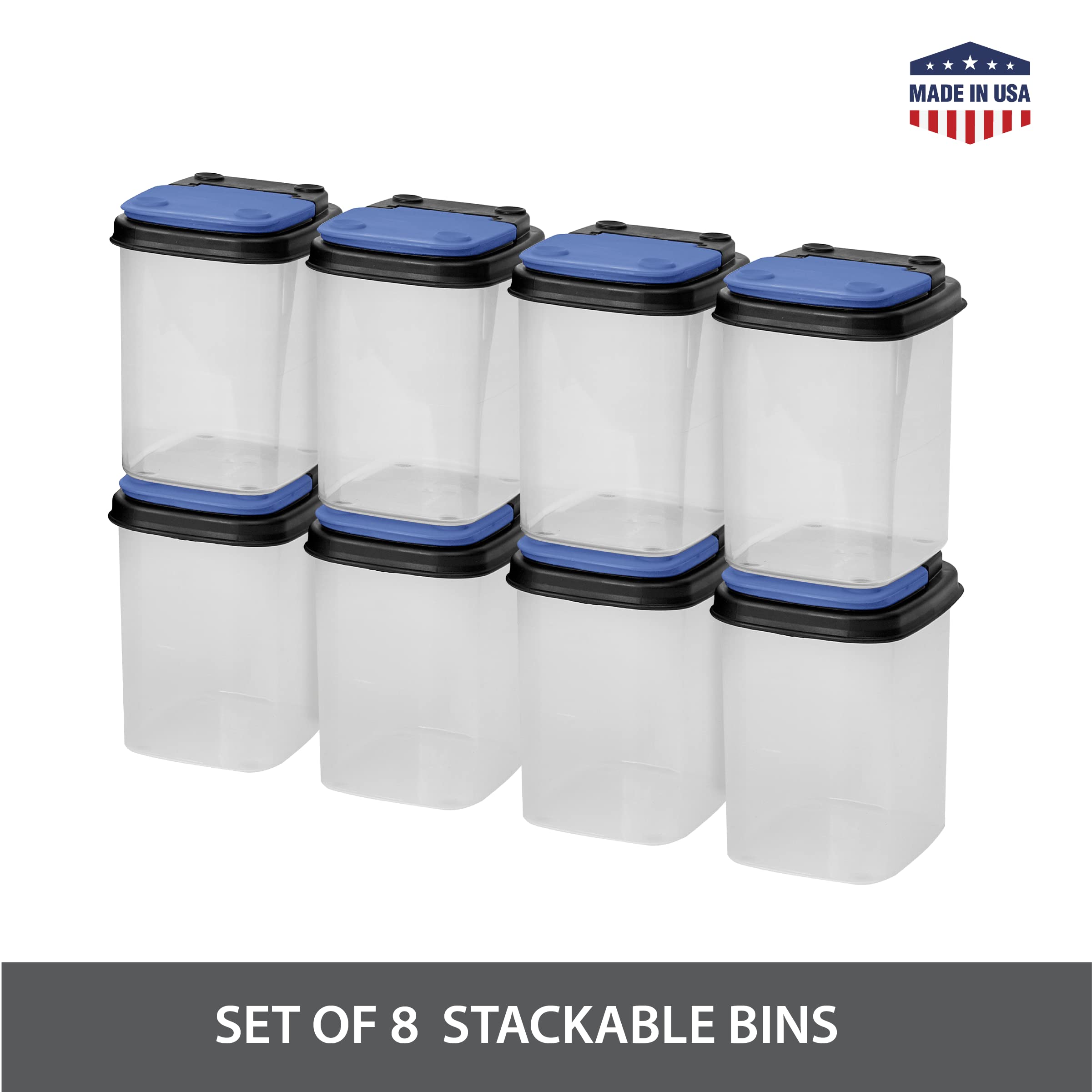 Buddeez 1 Quart Clear Stackable Hardware Storage Bins with Blue Lids - 8 Pack | Multi-Purpose Organizer for Nuts, Bolts, Screws & Small Parts | Perfect for Garage, Workshop & DIY Projects