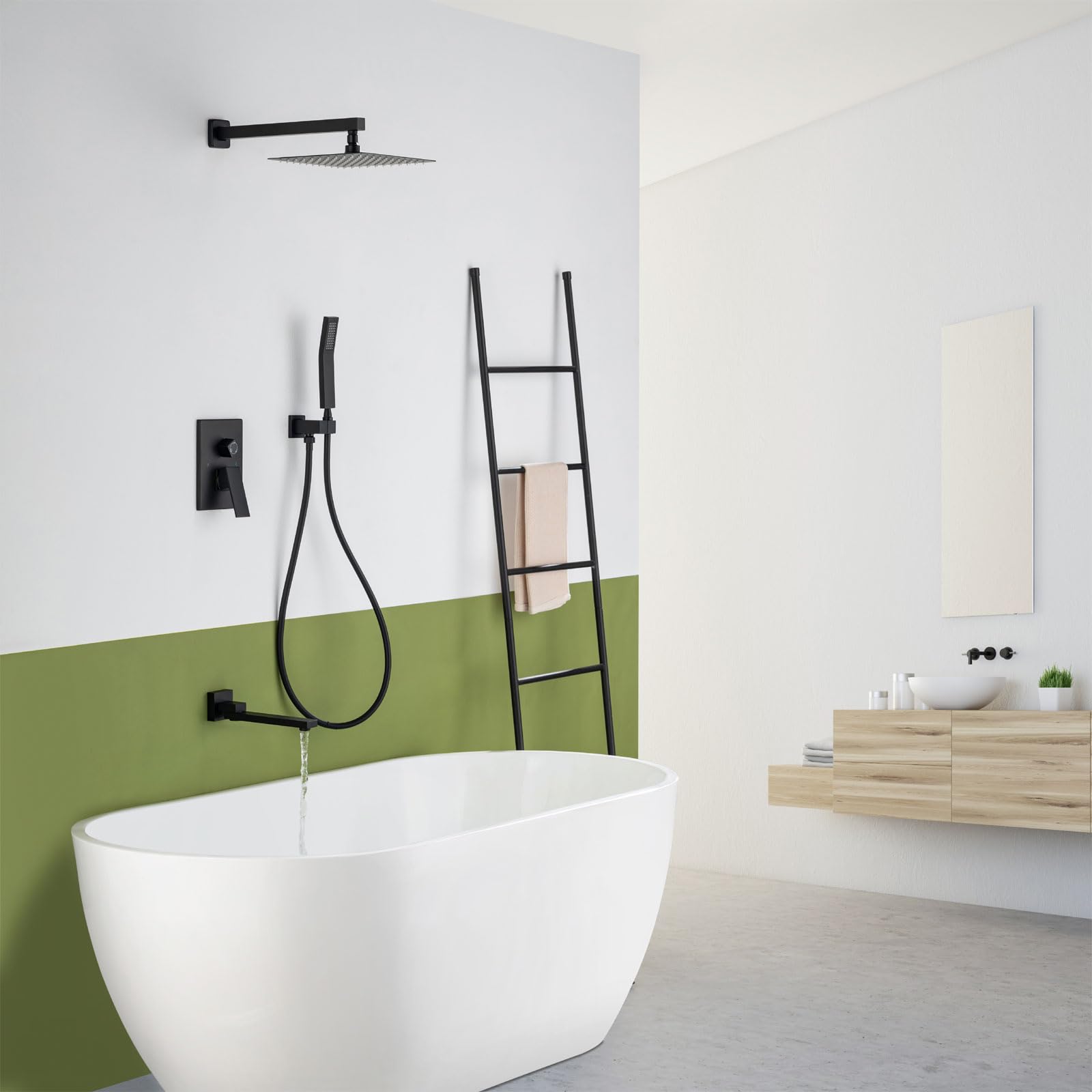 Premium Black Shower System with Tub Spout & Rainfall Showerhead - Complete Wall-Mounted Set Includes Pre-Embedded Valve, Handheld Shower & 12-Inch Rain Shower Head for Luxurious Bathroom Upgrade | Perfect for Modern Homes, Spa-Like Experience & Water-Saving Bathrooms