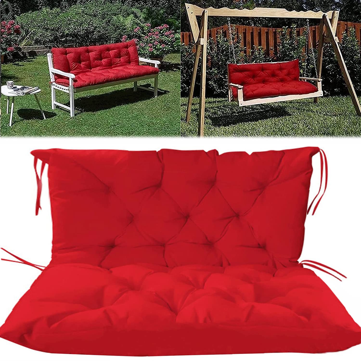 **Outdoor Swing Replacement Cushion – 3-Seat Soft Garden Bench Cushion with Backrest & Ties, Non-Slip Waterproof Patio Chair Pads (Red, 40x59 Inch) – Perfect for Porch, Deck, and Backyard Relaxation**