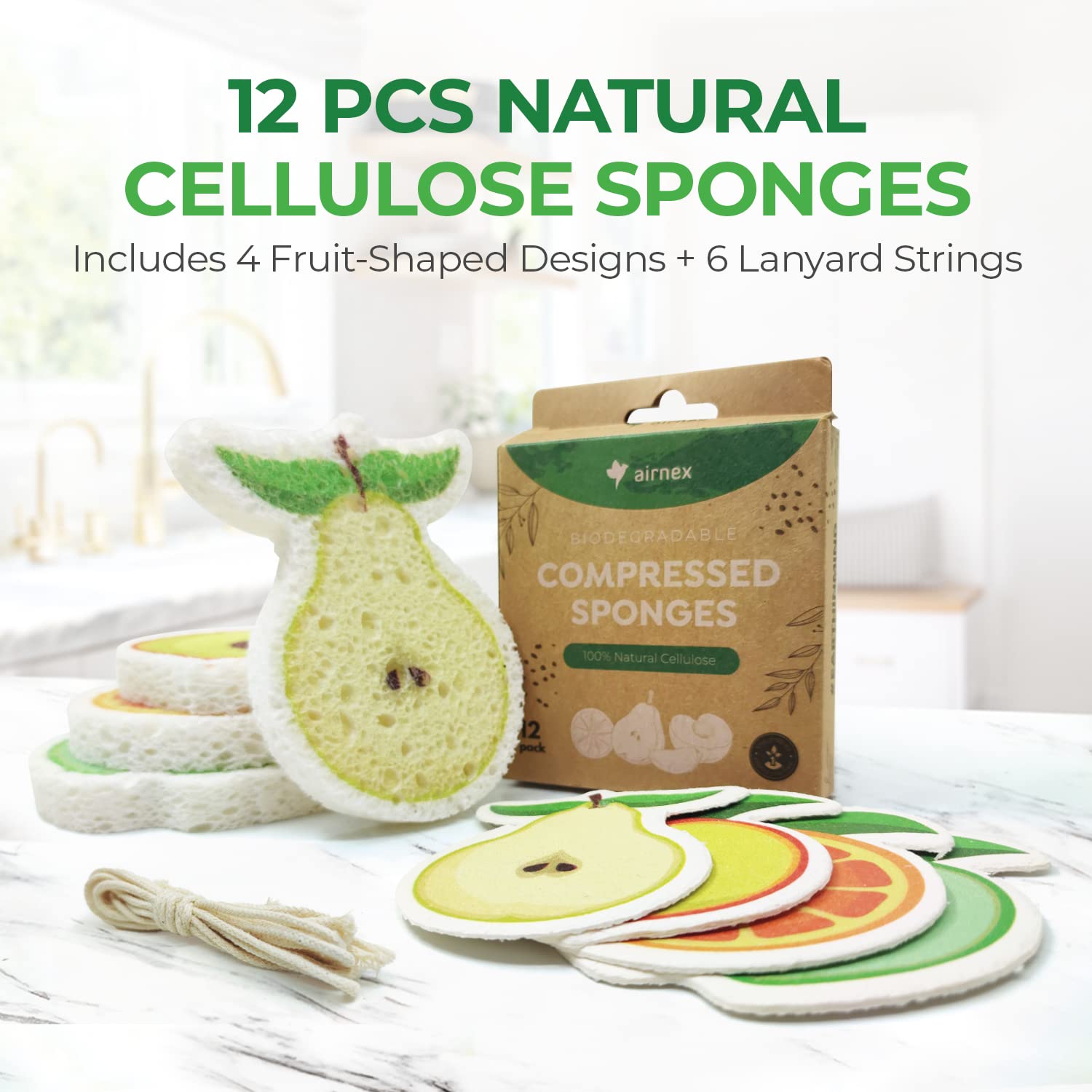 Eco-Friendly Biodegradable Cellulose Kitchen Sponges - Pack of 12 Fruit-Shaped Compressed Sponges | Odor-Free, Compostable Dish Sponges for Washing Dishes | Perfect for Sustainable Cleaning, Camping & RV Use