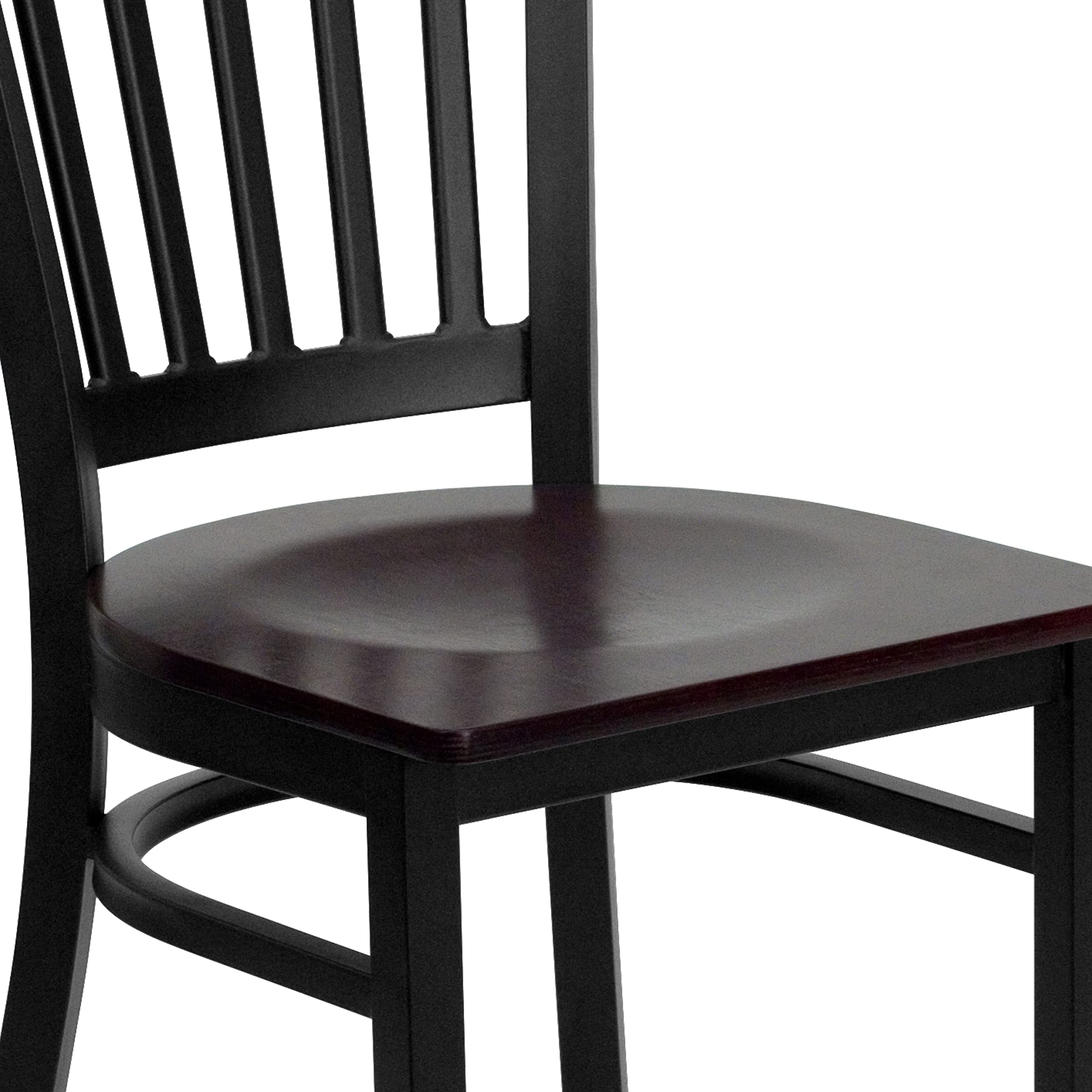 2 Pack Black Vertical Back Metal Restaurant Chairs with Mahogany Wood Seat - Durable & Stylish Dining Chairs for Restaurants, Cafes, and Home Kitchens
