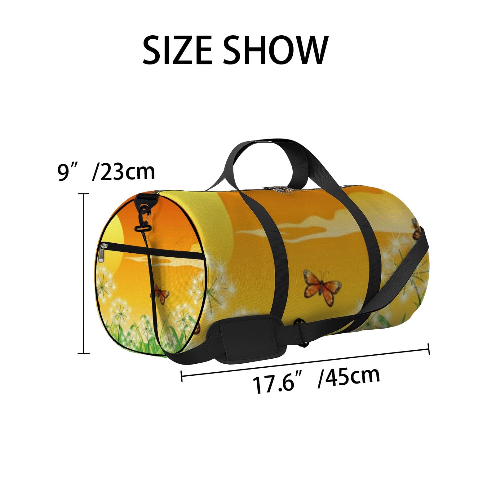 Orange Sunset Butterfly & Dandelion Waterproof Gym Tote Bag with Shoulder Strap & Zipper Pockets - Unisex Sports Bag for Travel, Workout & Storage | Perfect for Gym, Beach & Daily Commute