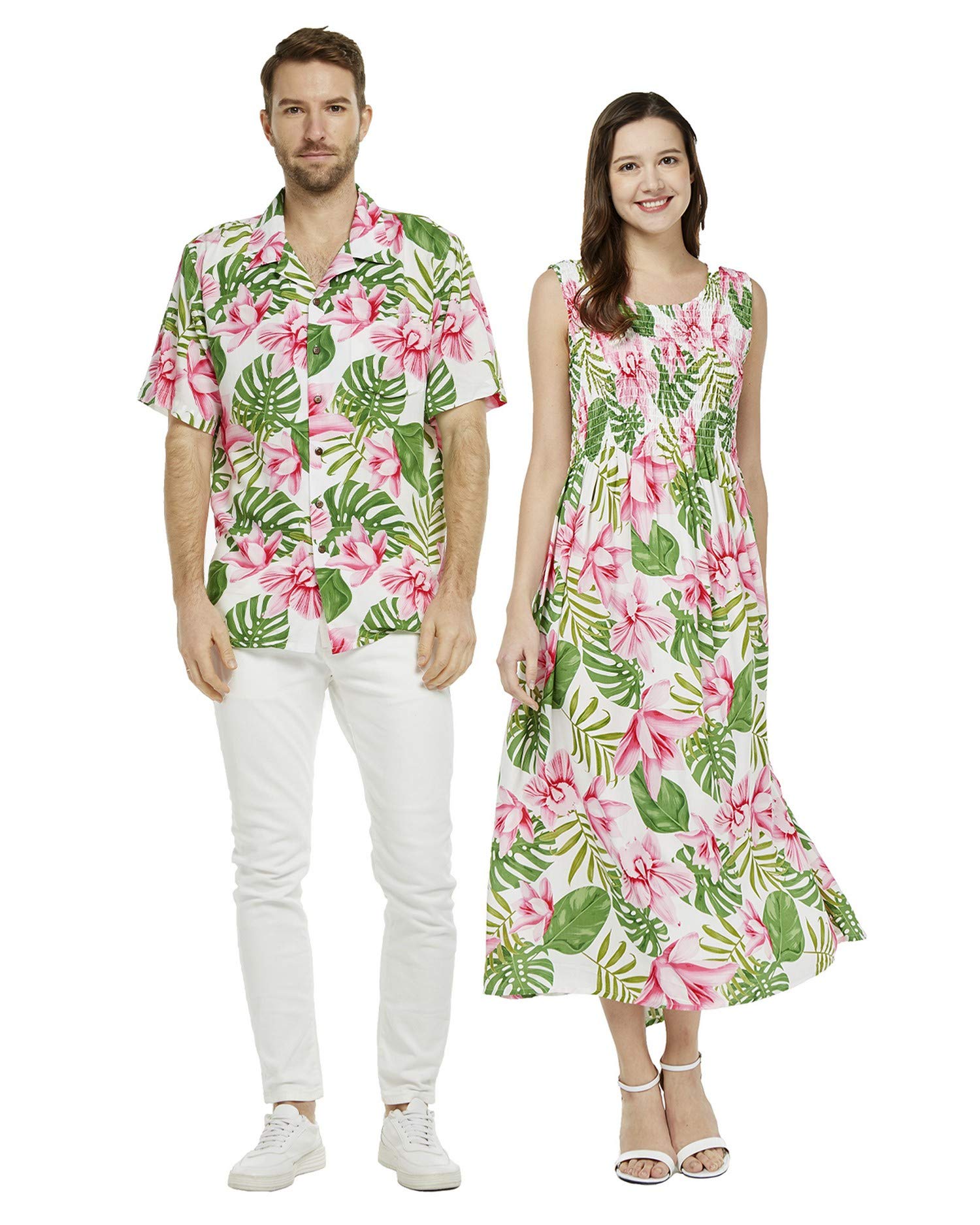 Stylish Matching Couple Hawaiian Luau Aloha Shirt & Maxi Tank Dress Set - Pink Hibiscus Vine Print for Beach Vacation, Summer Party & Tropical Getaway