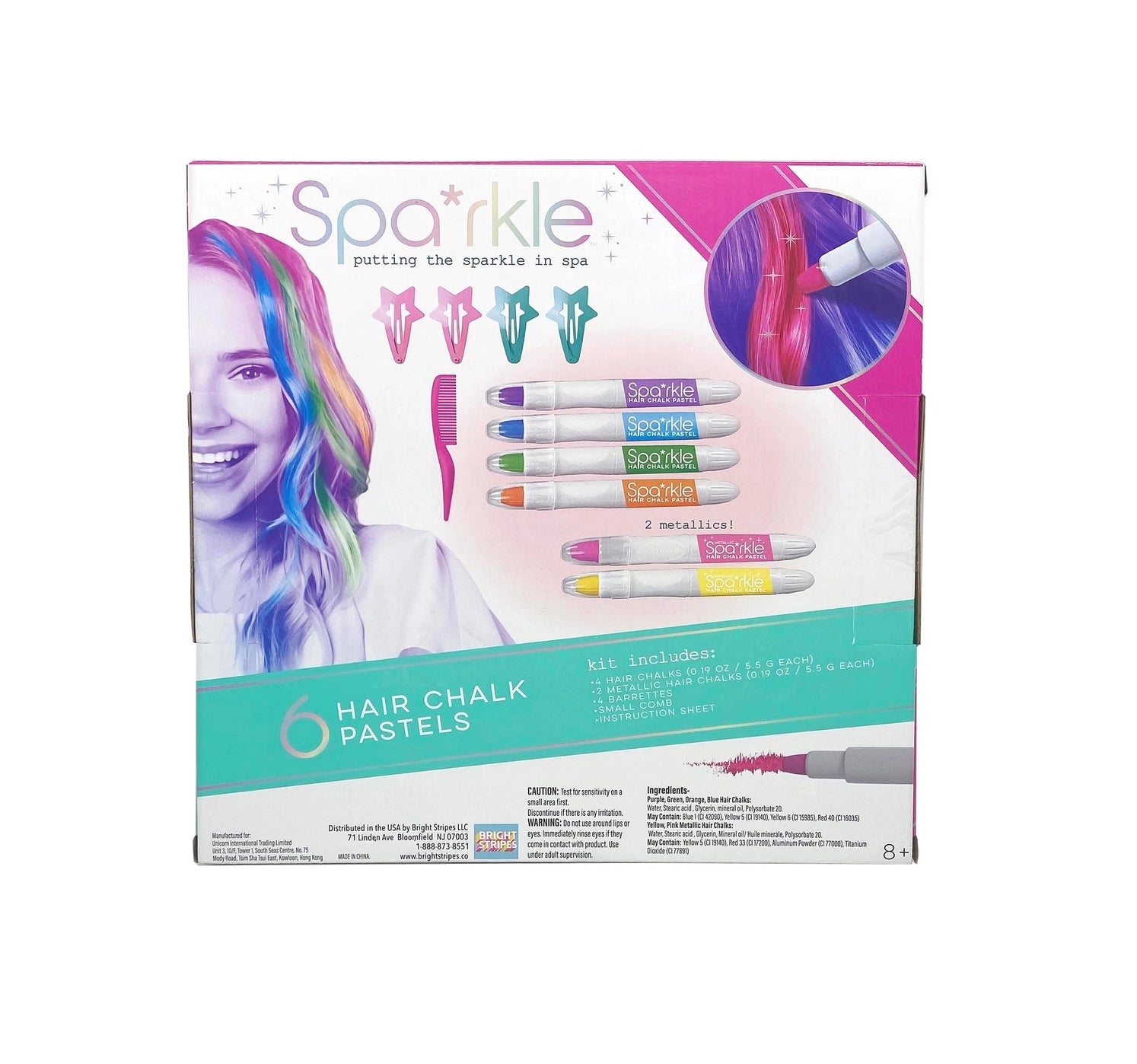 Sparkle 6 Hair Chalk Pastels with Barrettes Set - Temporary Hair Color for Kids & Teens - Perfect for Parties, Halloween, and Festivals