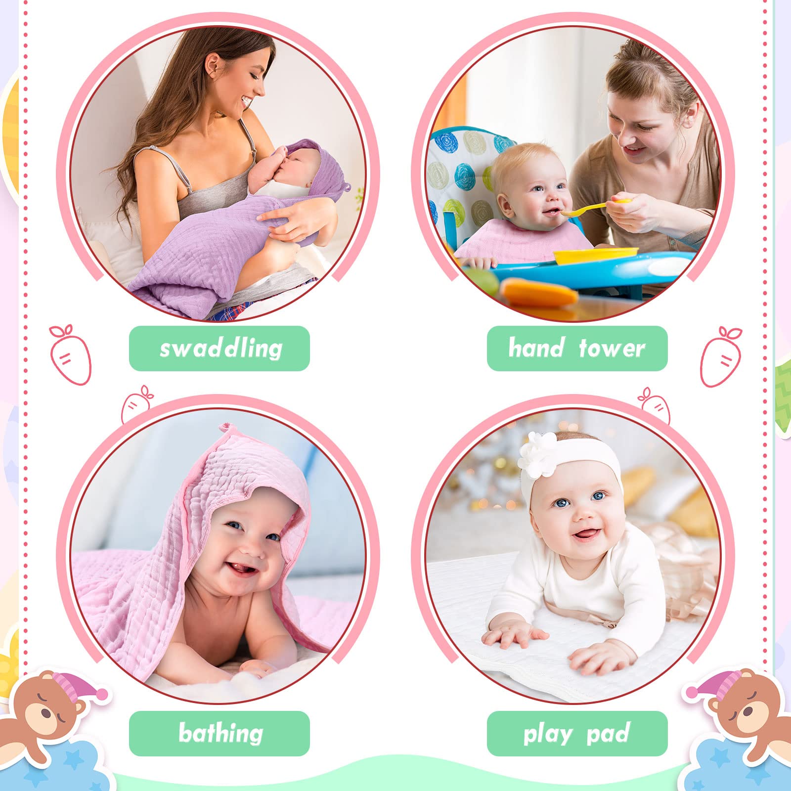 6 Sets Baby Hooded Bath Towels - Soft 100% Cotton Muslin Washcloths for Newborns & Toddlers (32