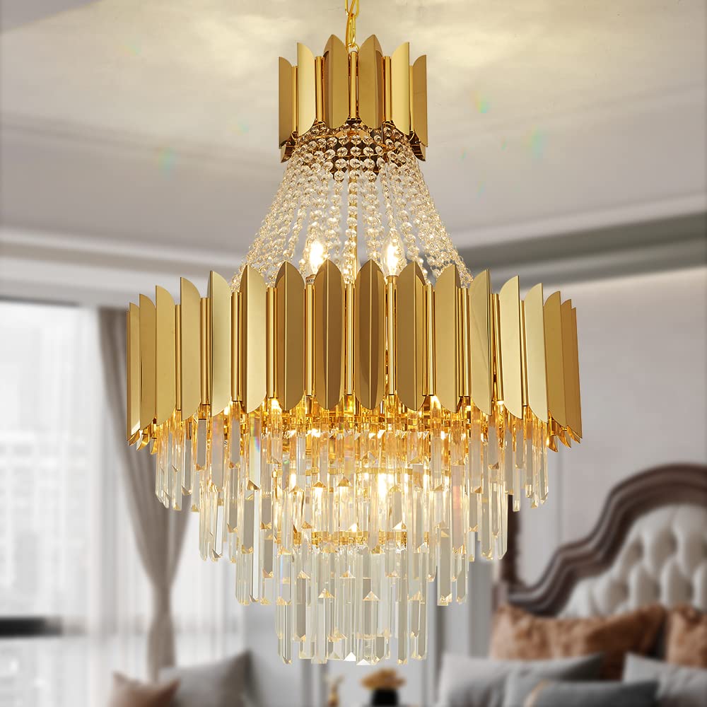 Modern Luxury Gold Crystal Large Raindrop Chandelier - 23.23” Diameter x 33.46” Height - Elegant Lighting Fixture for Living Room, Dining Room, Staircase & Entryway - Perfect for Home Decor, Wedding Venues & Luxury Hotels