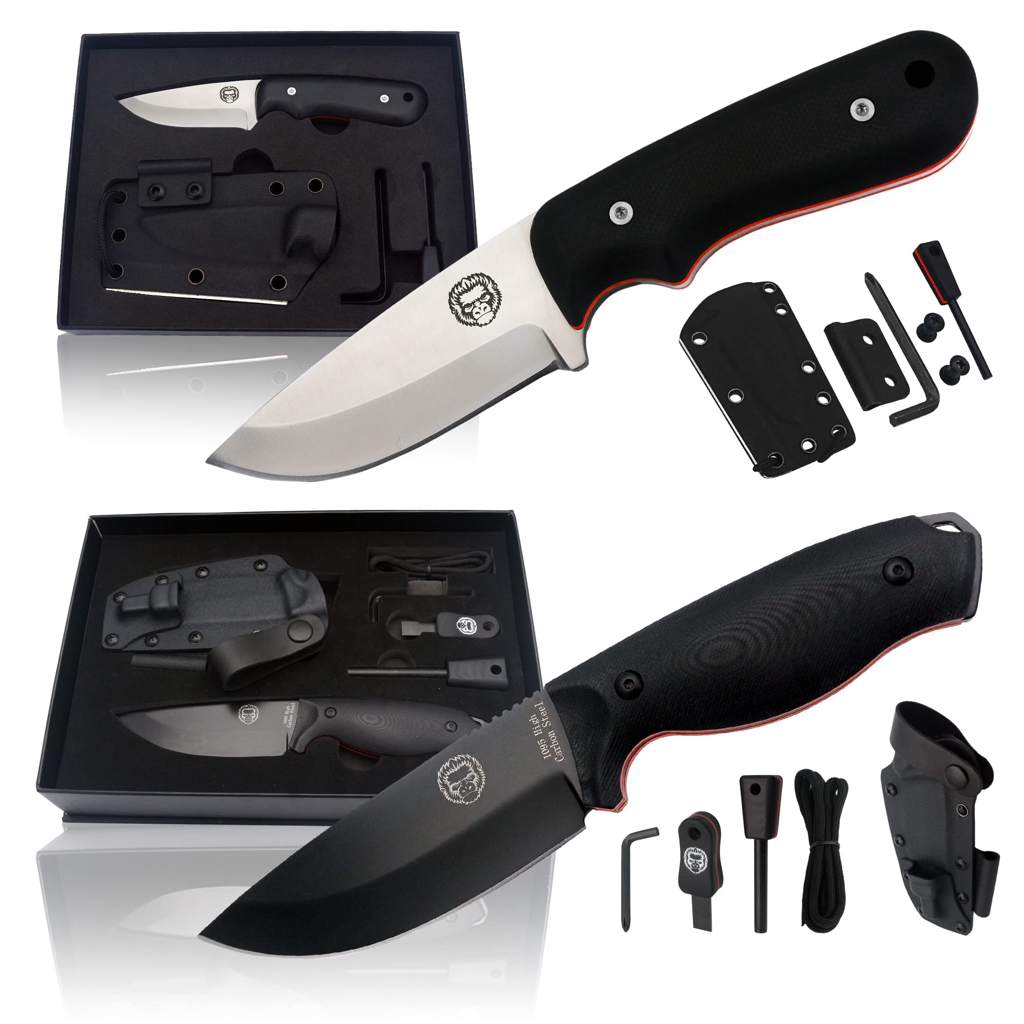 Premium 1095 High Carbon Steel Survival Knife & D2 Damascus Steel Neck Knife Gift Set - Outdoor Camping, Hunting, Hiking, EDC Tactical Gear