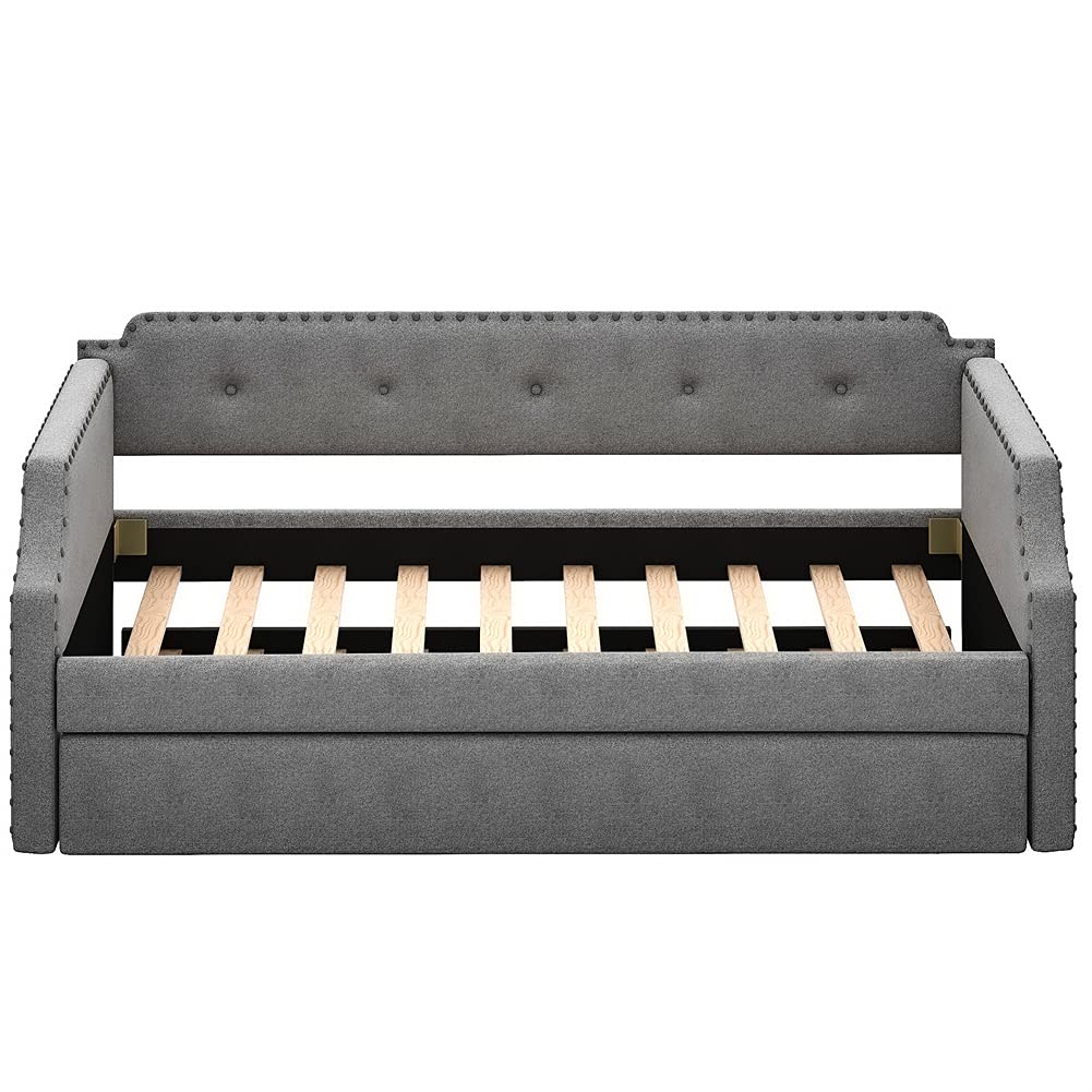 Twin Size Trundle Daybed with Upholstered Tufted Design - Wood Slat Support Sofa Bed Frame, No Box Spring Needed (Gray) - Perfect for Guest Rooms, Small Apartments & Multi-Functional Living Spaces