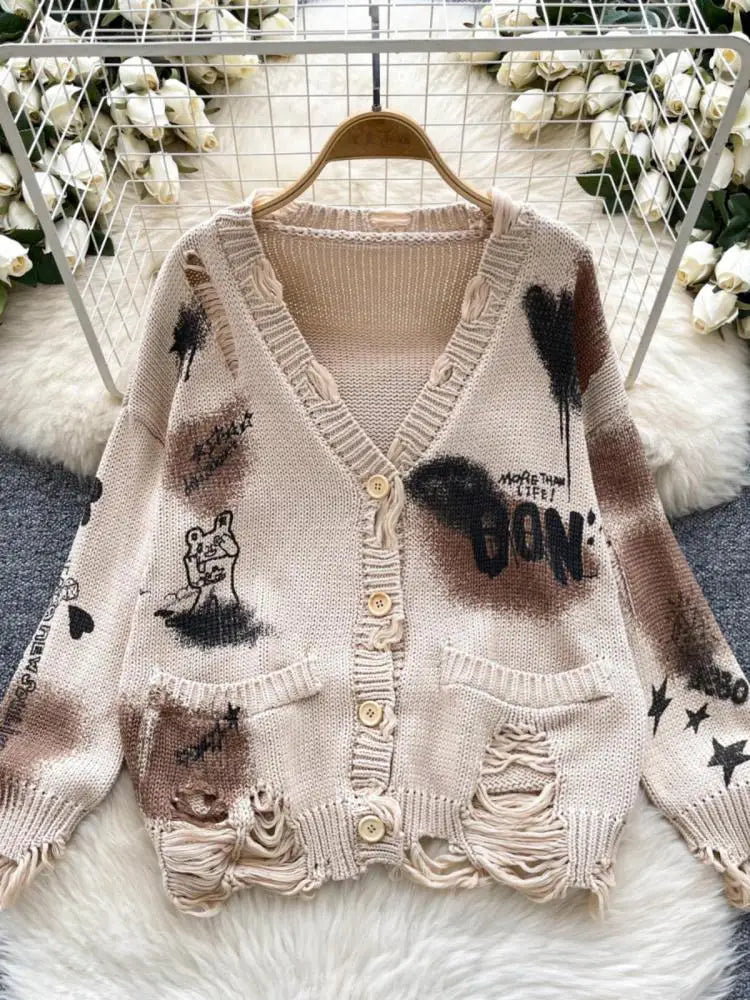 Women's Beige Graffiti Print Long Sleeve Cardigan Sweater - Korean Style Loose Knit Button Up Top for Autumn Winter Fashion | Casual Outfit, Office Wear, Coffee Date & Street Style