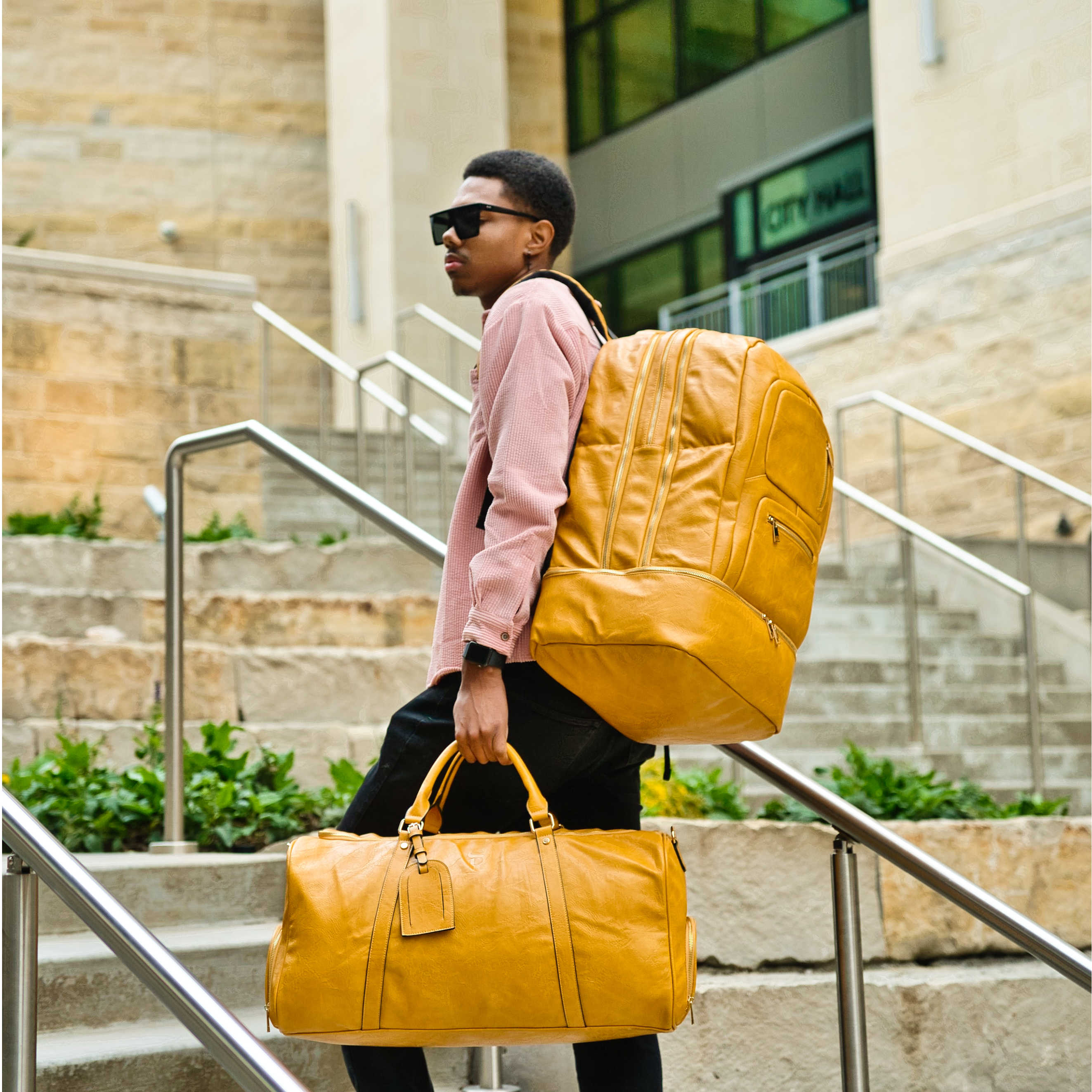 Premium Yellow Tumbled Leather Signature Bag Set - Signature Handbag & Duffle Bag Combo for Women | Fashionable Travel & Everyday Carry Accessories