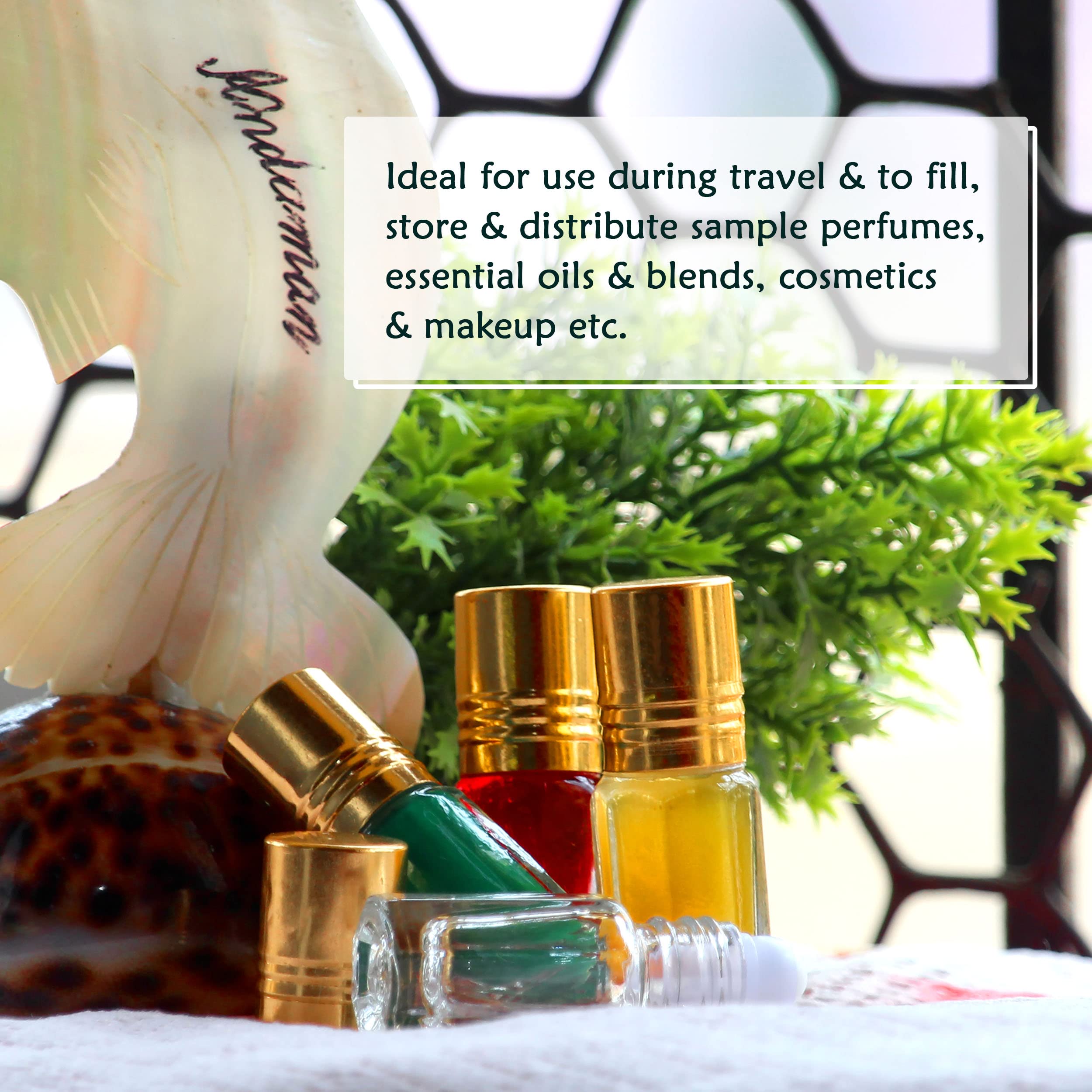 NSB Herbals 6ml Empty Clear Glass Roll On Bottles with Gold Cap for Essential Oils, Perfume, Aromatherapy | Refillable, Reusable & Leakproof Roller Bottles (Pack of 6) - Perfect for DIY Essential Oil Blends, Travel Size Perfumes, and Natural Skincare Products