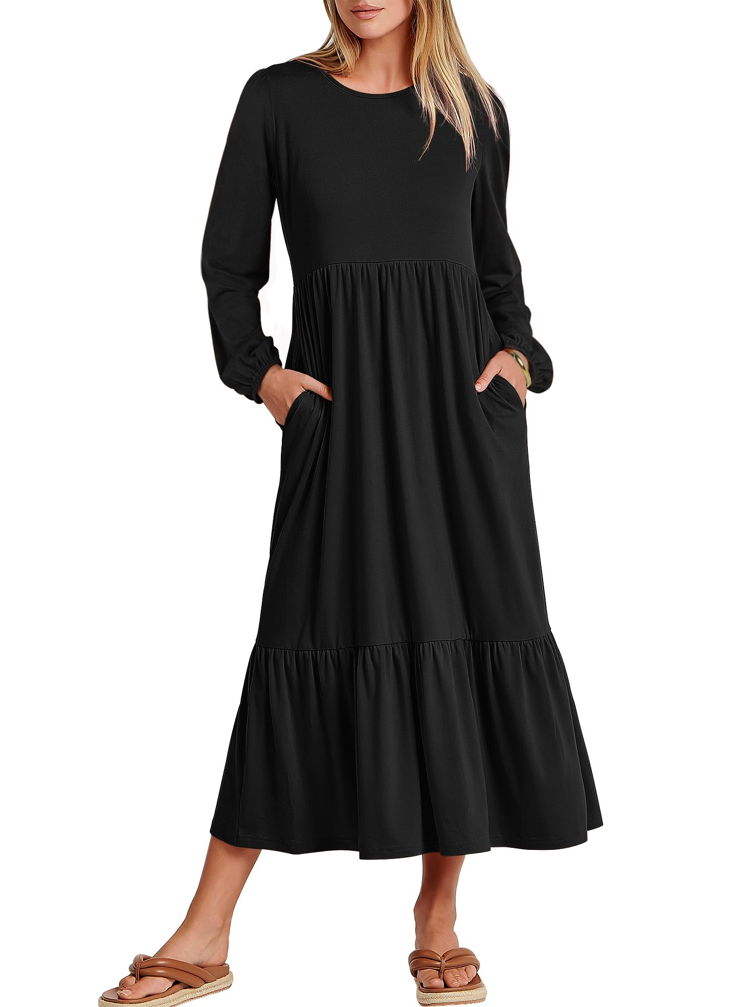 ANRABESS Women's Casual Long Sleeve Midi Dress - 2025 Spring Crewneck A-Line Tiered Flowy Loose Dress with Pockets | Trendy Everyday Wear for Office, Date Night & Spring Outfits