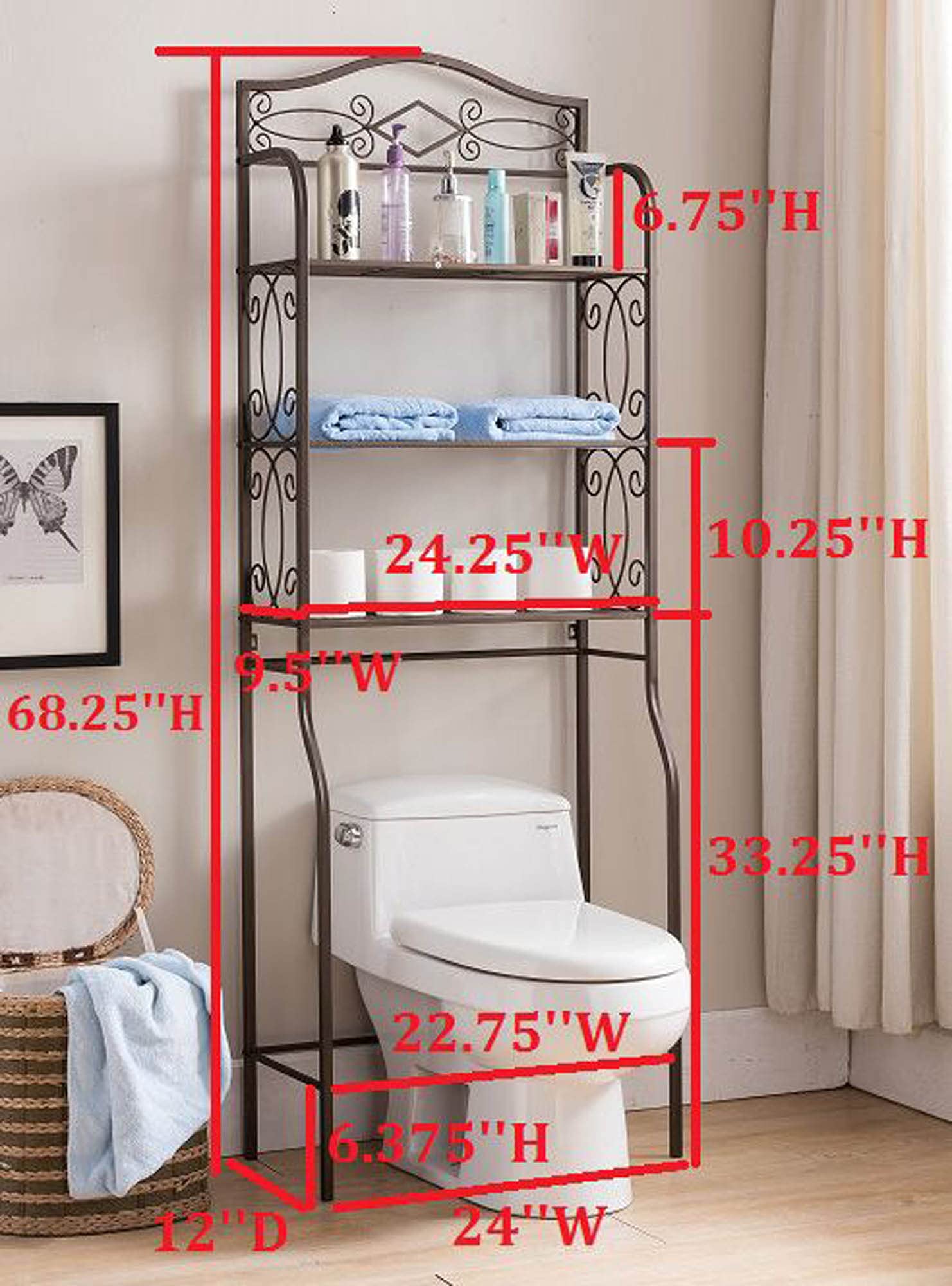 3-Tier Pewter Metal Over The Toilet Storage Shelf - Bathroom Organizer Rack with Shelves for Towels, Toiletries & Decor | Space-Saving Bathroom Storage Solution