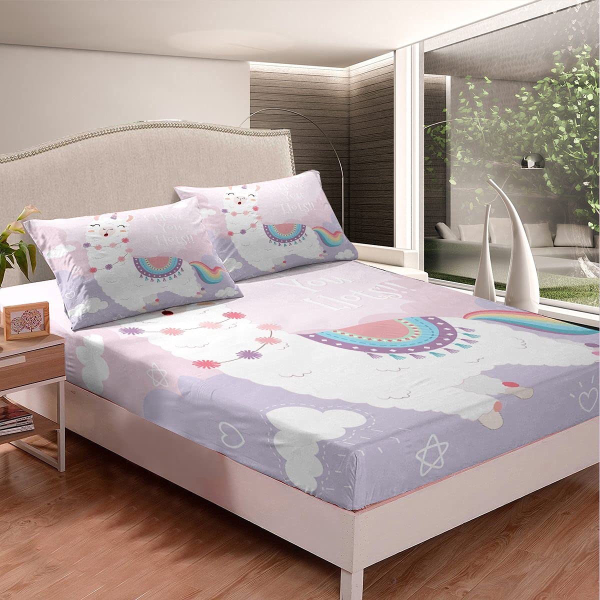 Erosebridal Full Size Llama Bed Sheet Set for Girls - Cute Kawaii Alpaca Bedding with Rainbow Animal Tail - 4 Piece Pink Purple Pastel Boho Fitted & Flat Sheet Set - Perfect for Kids' Room, Teen Bedroom & Dorm Decor