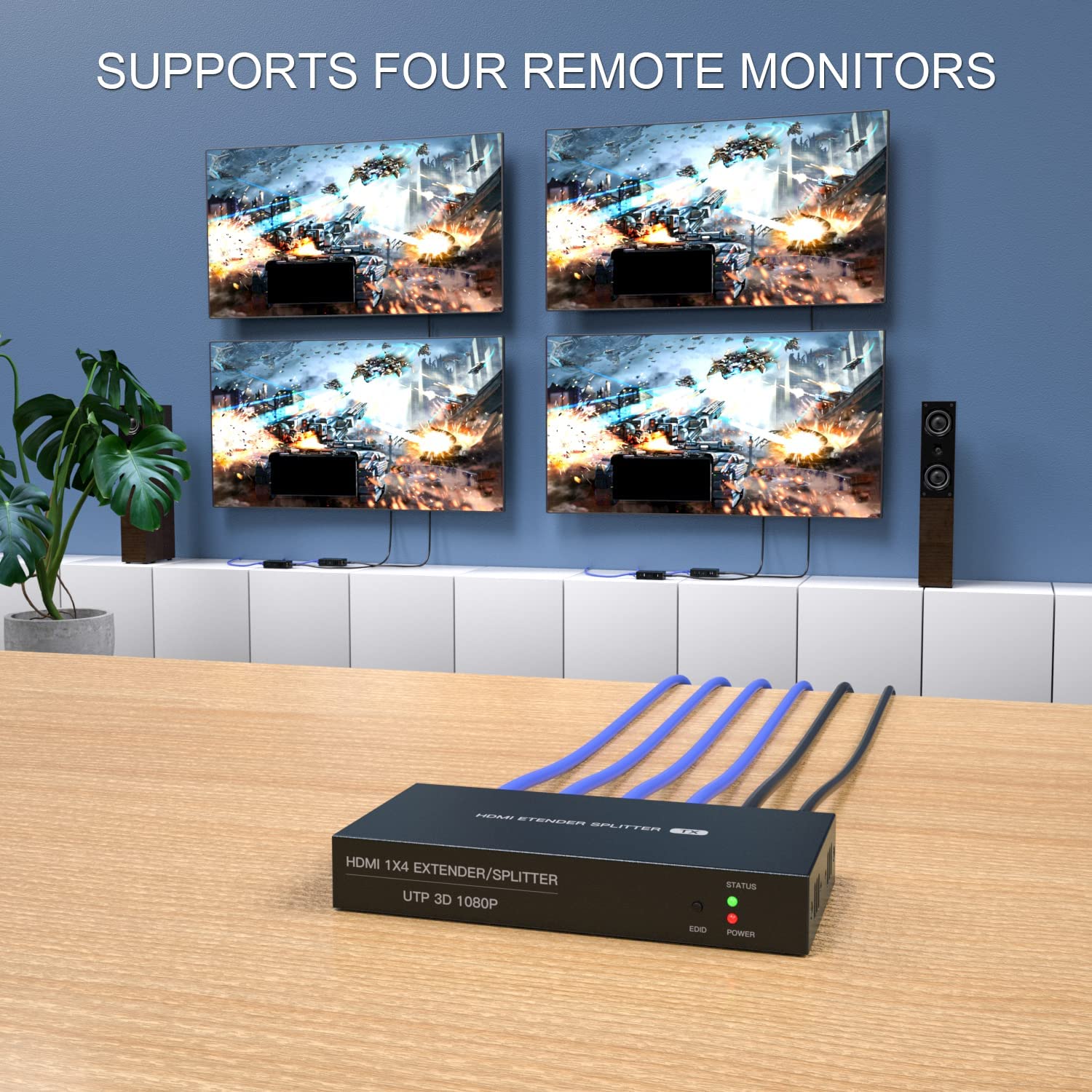 PWAYTEK HDMI Extender Splitter 1x4 - 1080P@60Hz Over Cat 5E/6/7 Ethernet Cable up to 50m (165ft) with EDID Copy & POC Function (1 Input 4 Output) - Ideal for Home Theater, Conference Rooms & Multi-Screen Displays